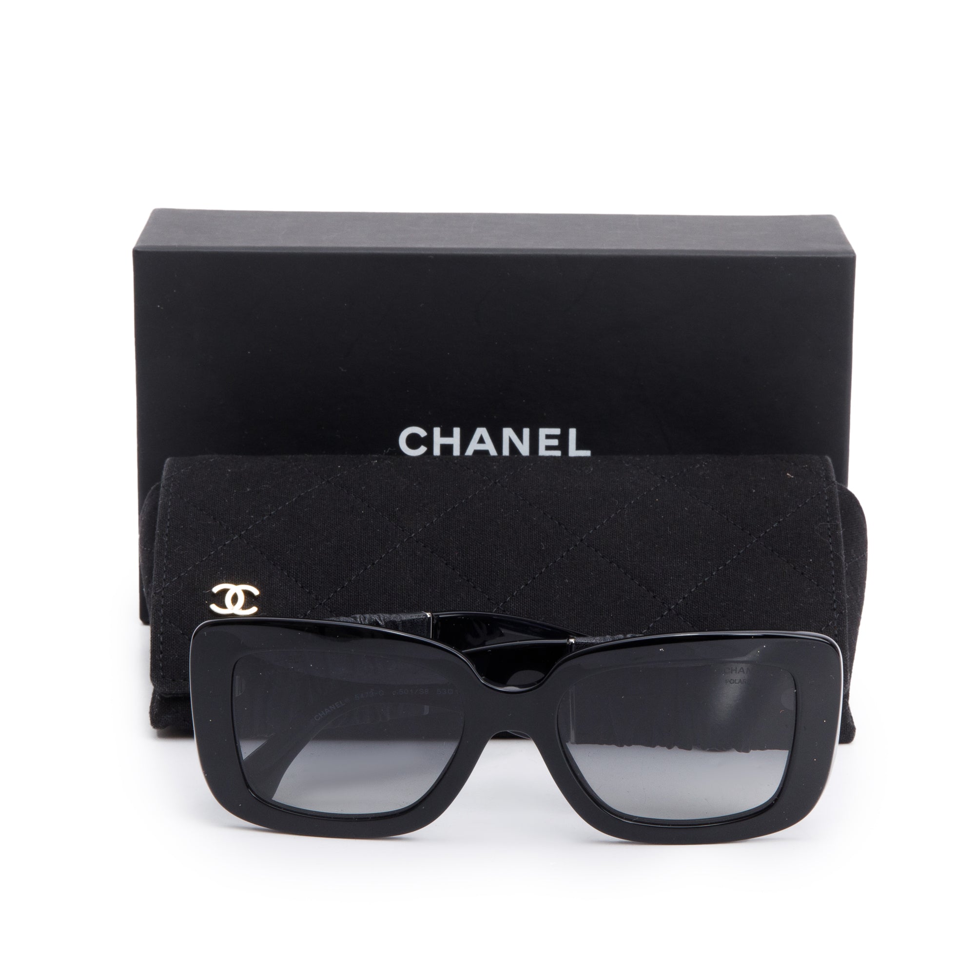 Chanel Black Acetate Calfskin Polarized Square Sunglasses 5473-Q w/ Box & Case