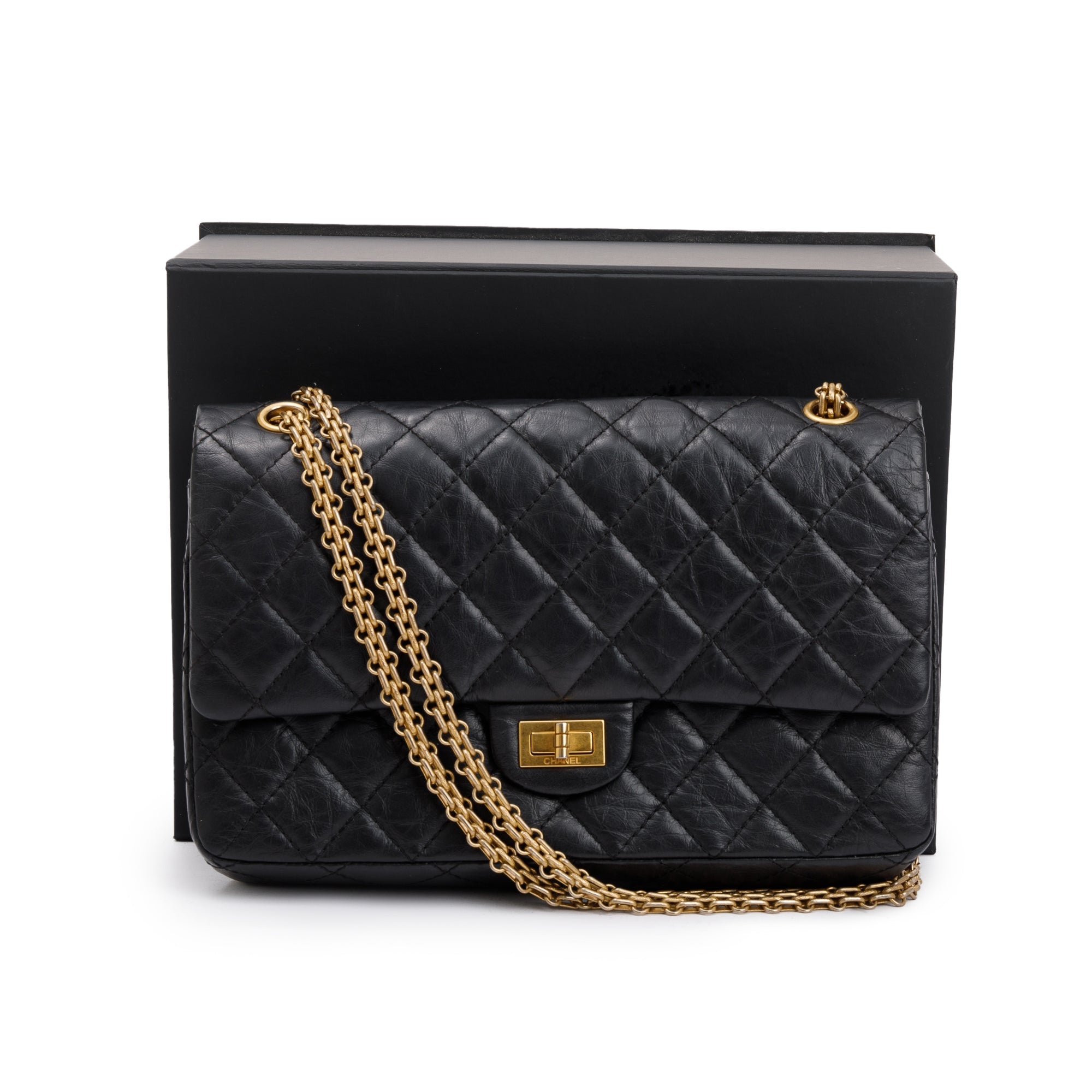Chanel Black Aged Calfskin Leather 2.55 Reissue 226 Double Flap Bag w/ Box & Authenticity Card