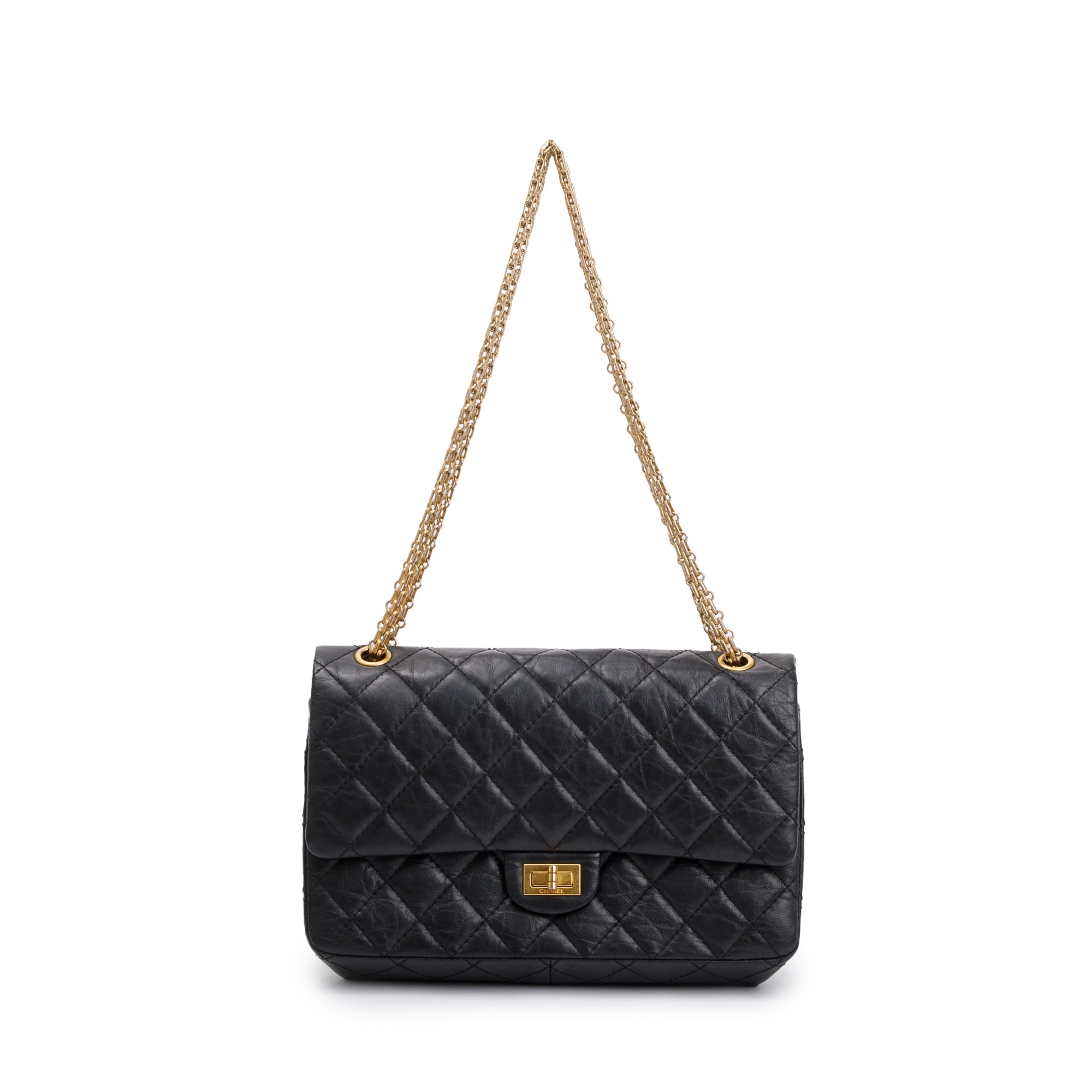 Chanel Black Aged Calfskin Leather 2.55 Reissue 226 Double Flap Bag w/ Box & Authenticity Card