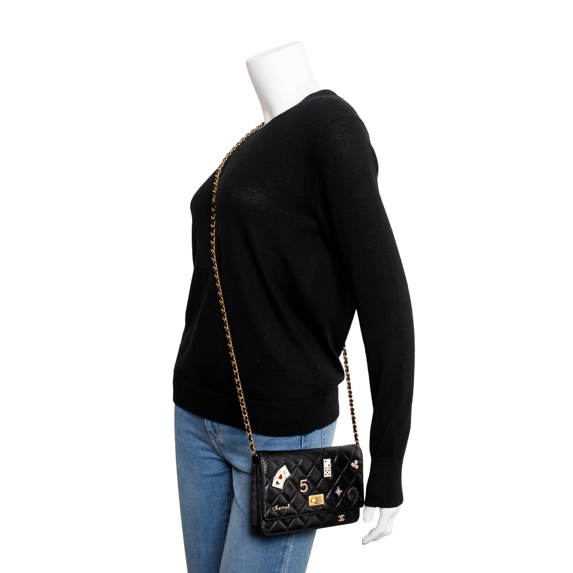 Chanel Black Aged Calfskin Leather Lucky Charms Reissue Wallet on Chain w/ Box & Authenticity Card