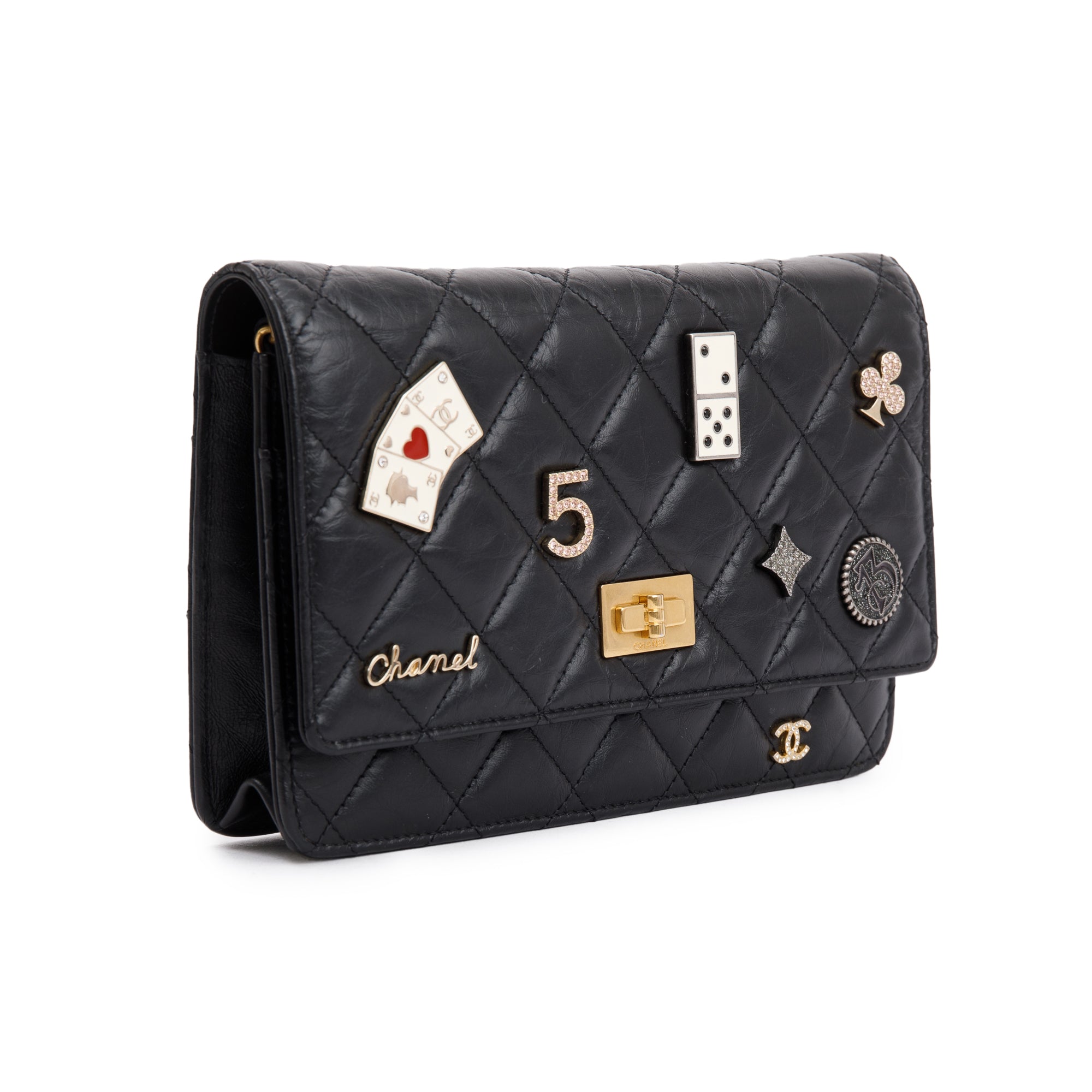 Chanel Black Aged Calfskin Leather Lucky Charms Reissue Wallet on Chain w/ Box & Authenticity Card