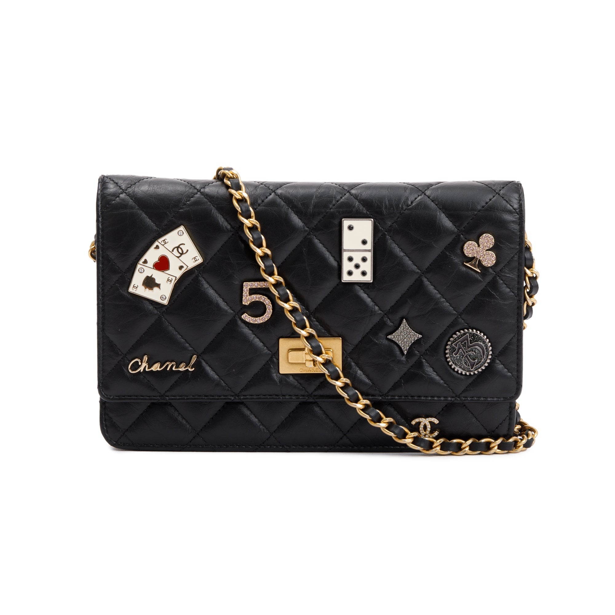 Chanel Black Aged Calfskin Leather Lucky Charms Reissue Wallet on Chain w/ Box & Authenticity Card