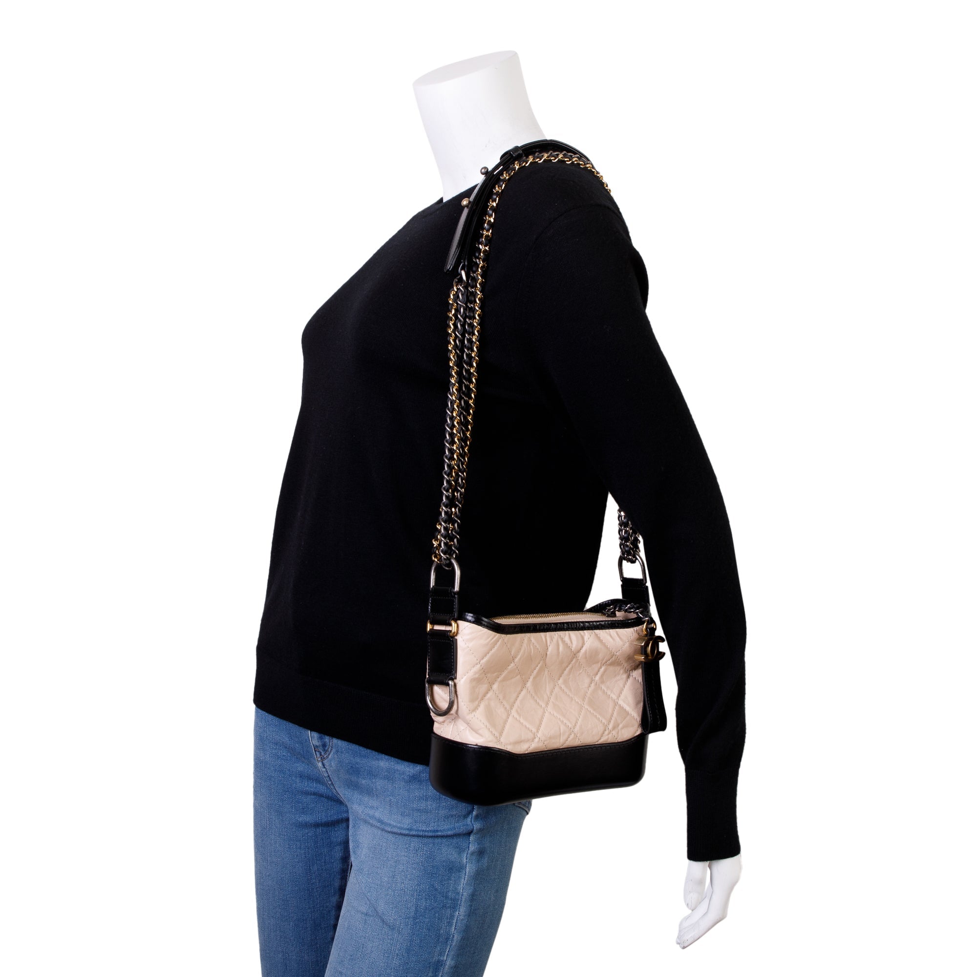 Chanel Black & Beige Aged Calfskin Leather Small Gabrielle Hobo