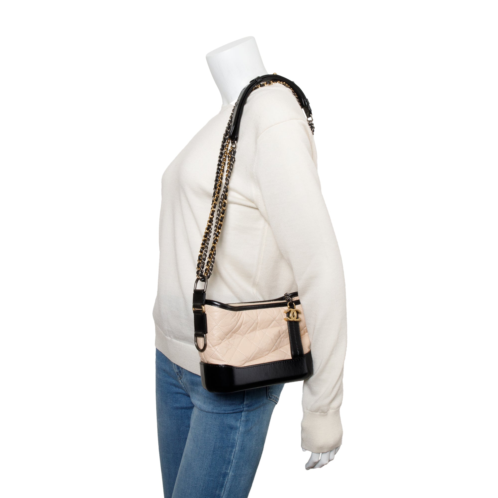 Chanel Black & Beige Aged Calfskin Leather Small Gabrielle Hobo w/ Authenticity Card