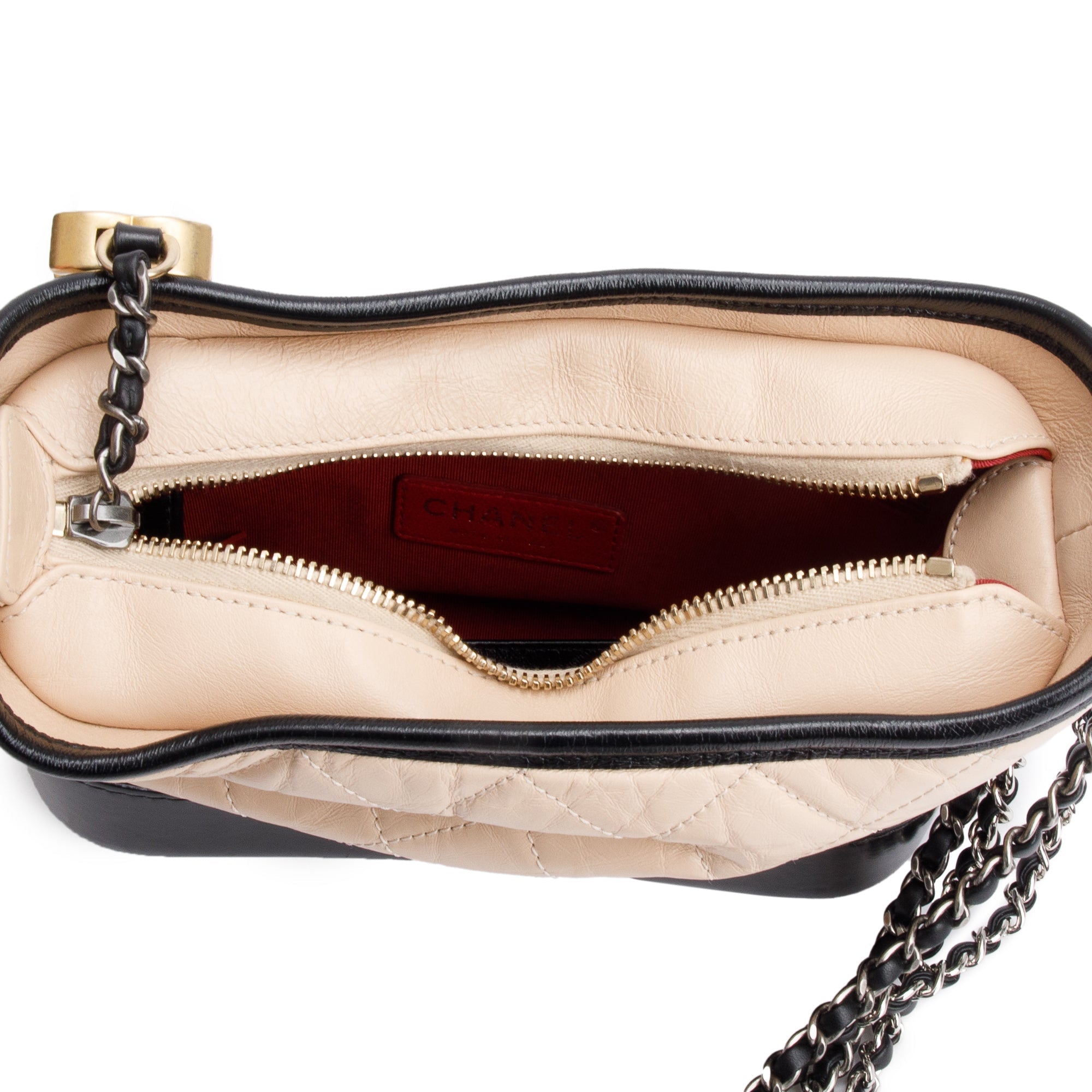Chanel Black & Beige Aged Calfskin Leather Small Gabrielle Hobo w/ Authenticity Card
