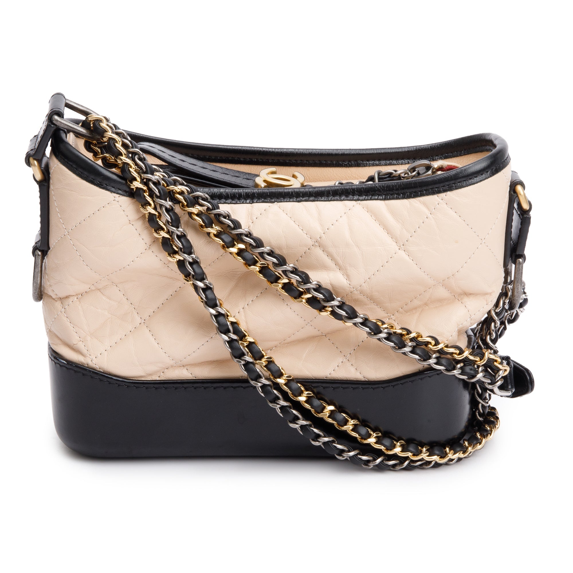 Chanel Black & Beige Aged Calfskin Leather Small Gabrielle Hobo w/ Authenticity Card