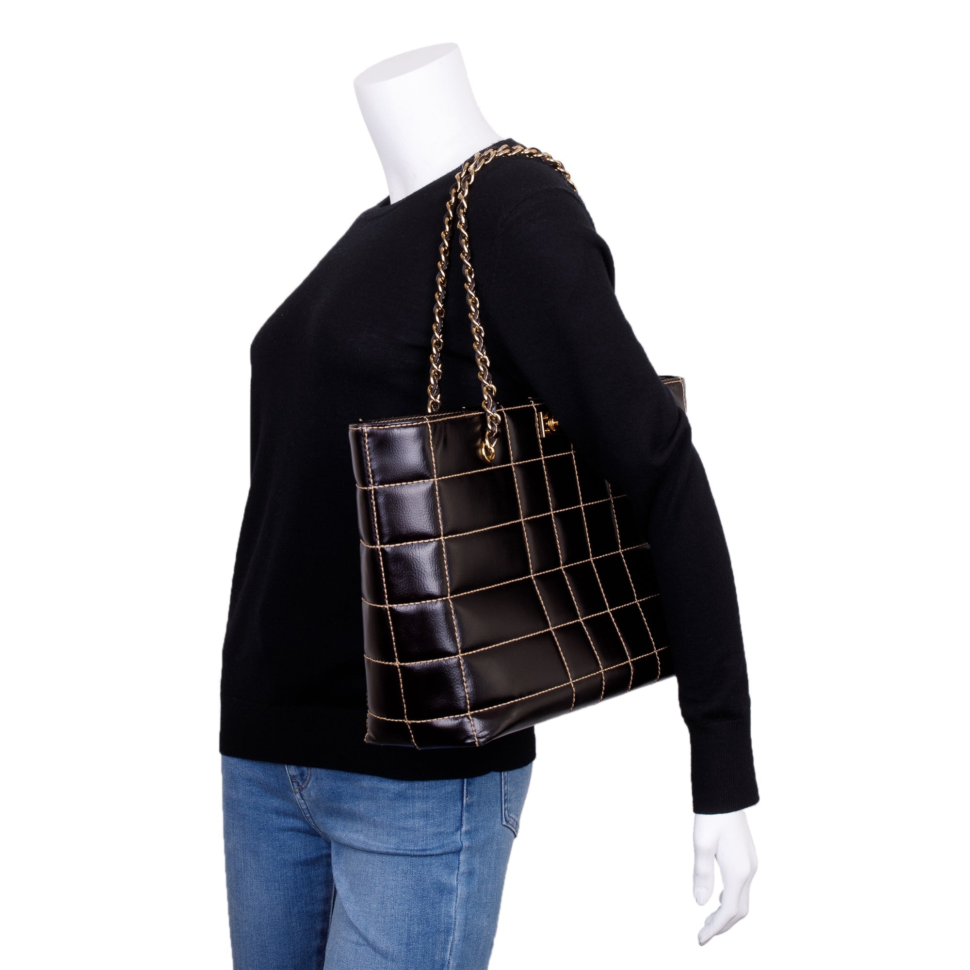 Chanel Black Cafskin Leather Wild Stitch Choco Bar Tote