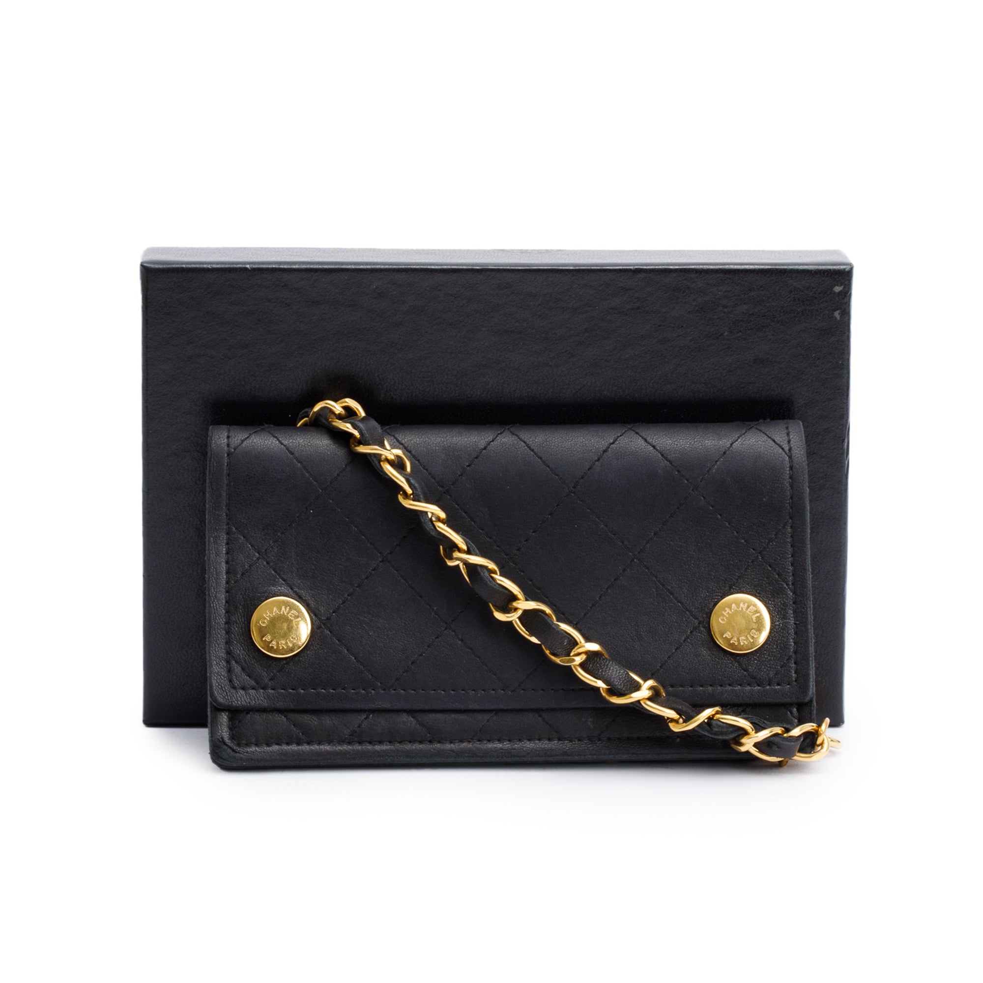 Chanel Black Calfskin Leather CC Logo Chain Bi-Fold Wallet w/ Box
