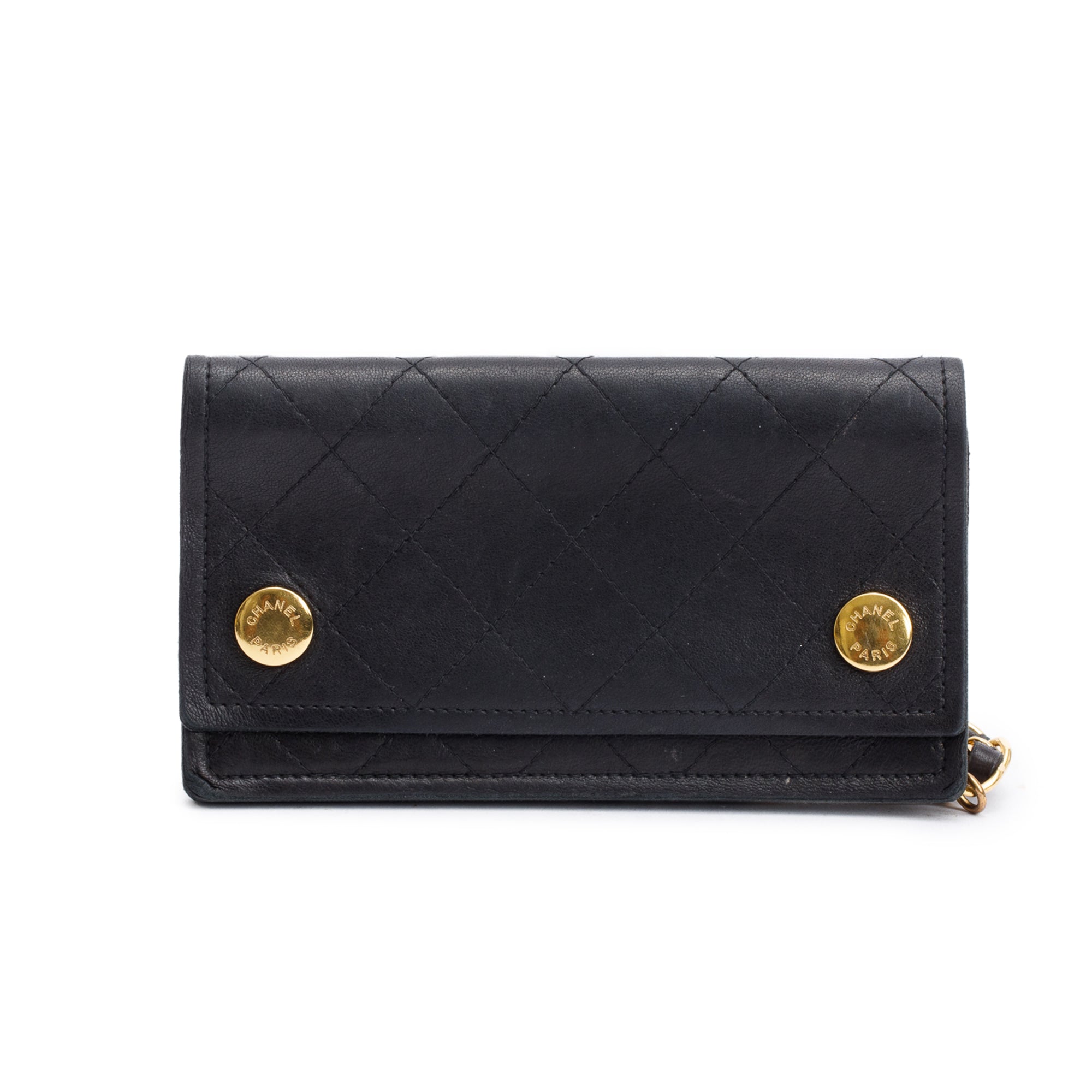 Chanel Black Calfskin Leather CC Logo Chain Bi-Fold Wallet w/ Box