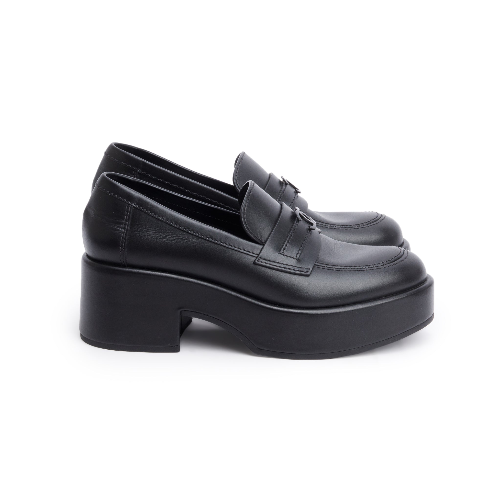 Chanel Black Calfskin Leather CC Logo Platform Loafer, Size 37