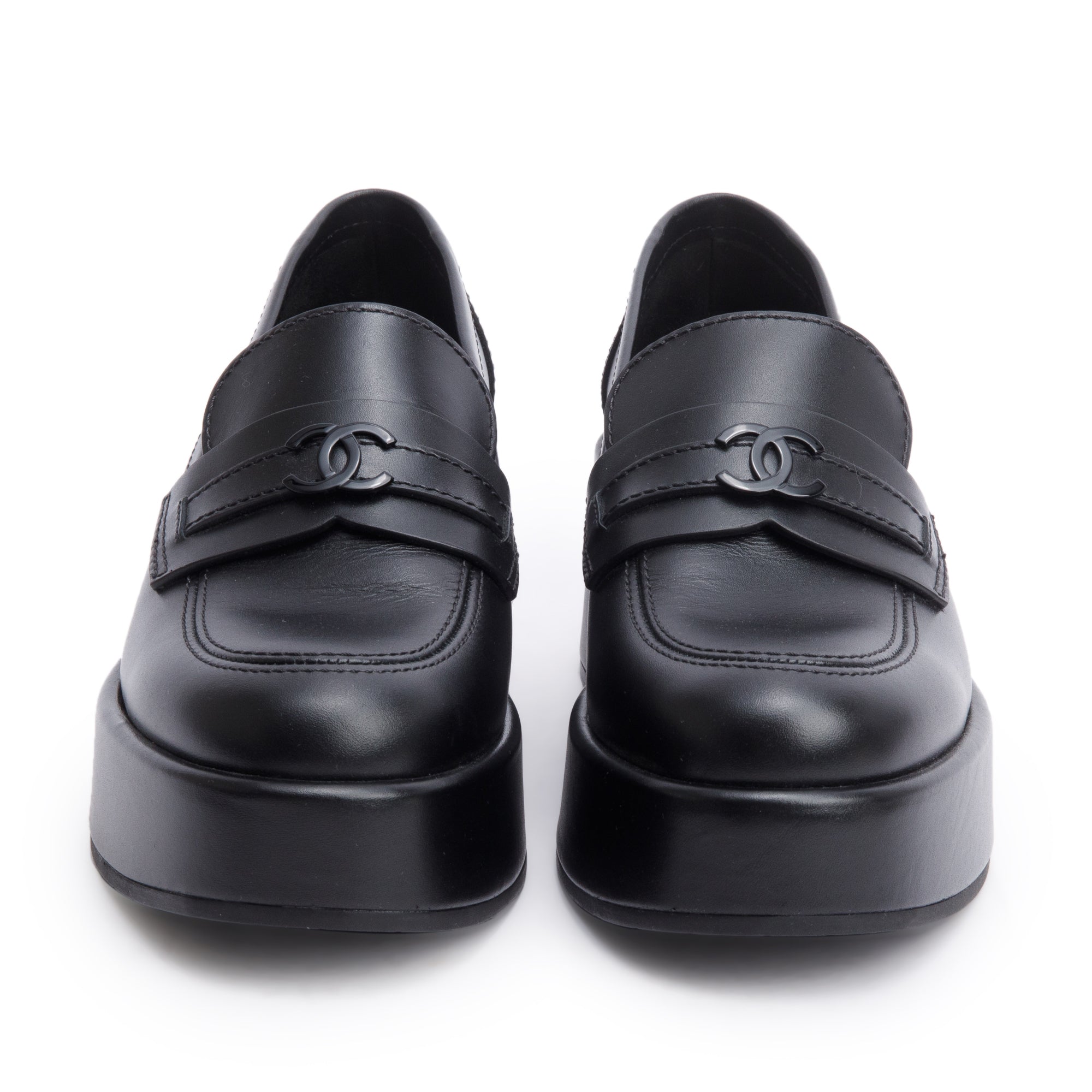 Chanel Black Calfskin Leather CC Logo Platform Loafer, Size 37