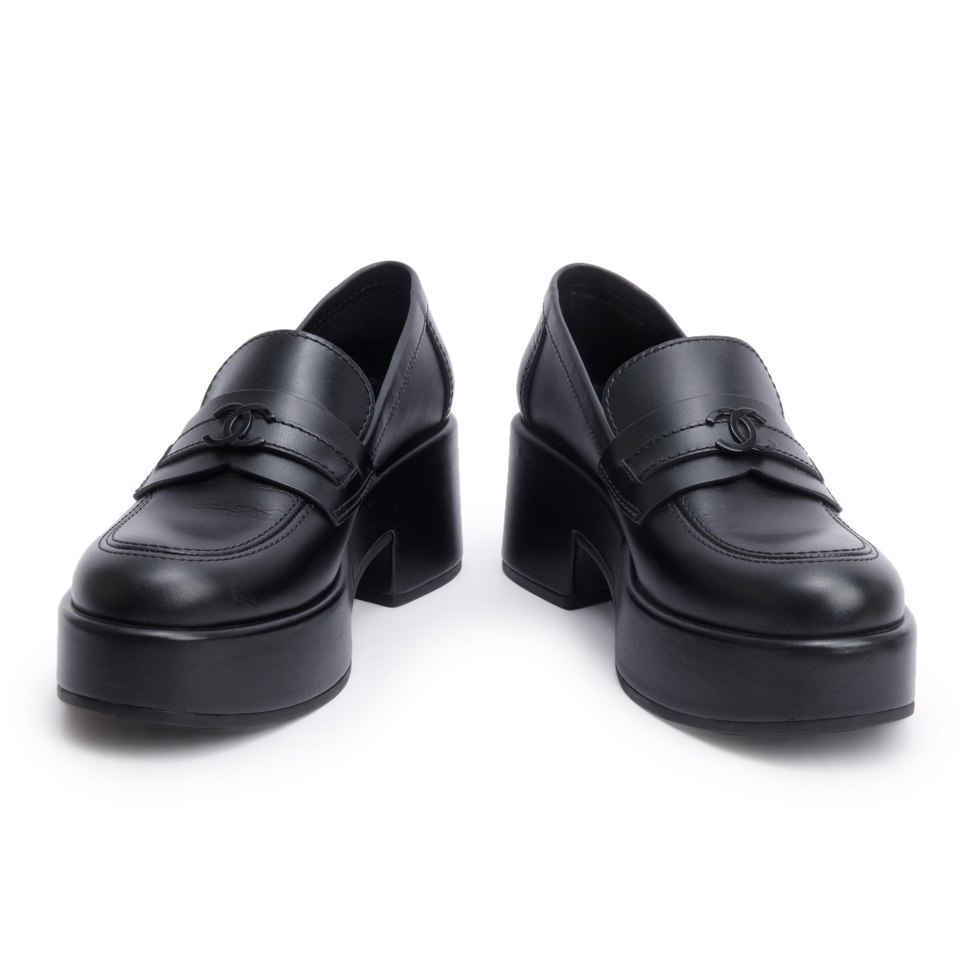 Chanel Black Calfskin Leather CC Logo Platform Loafer, Size 37