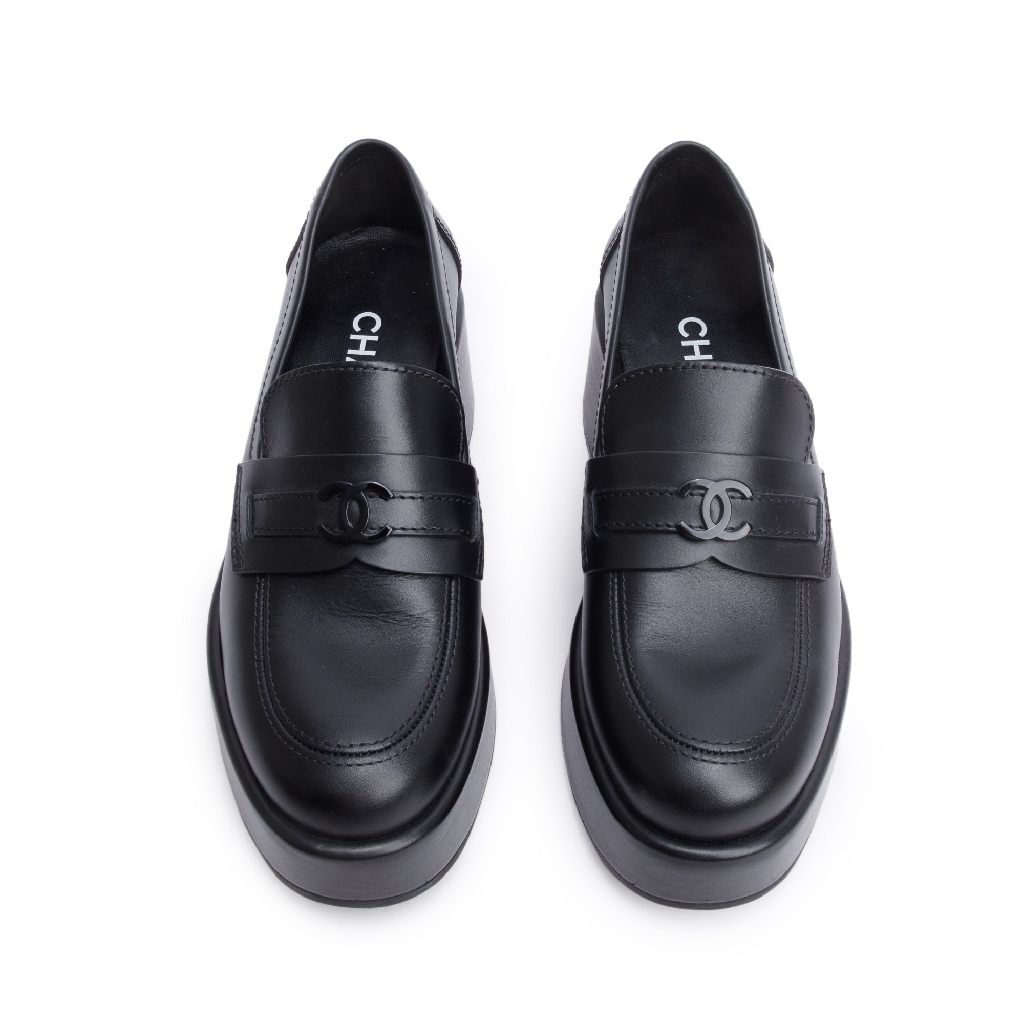 Chanel Black Calfskin Leather CC Logo Platform Loafer, Size 37