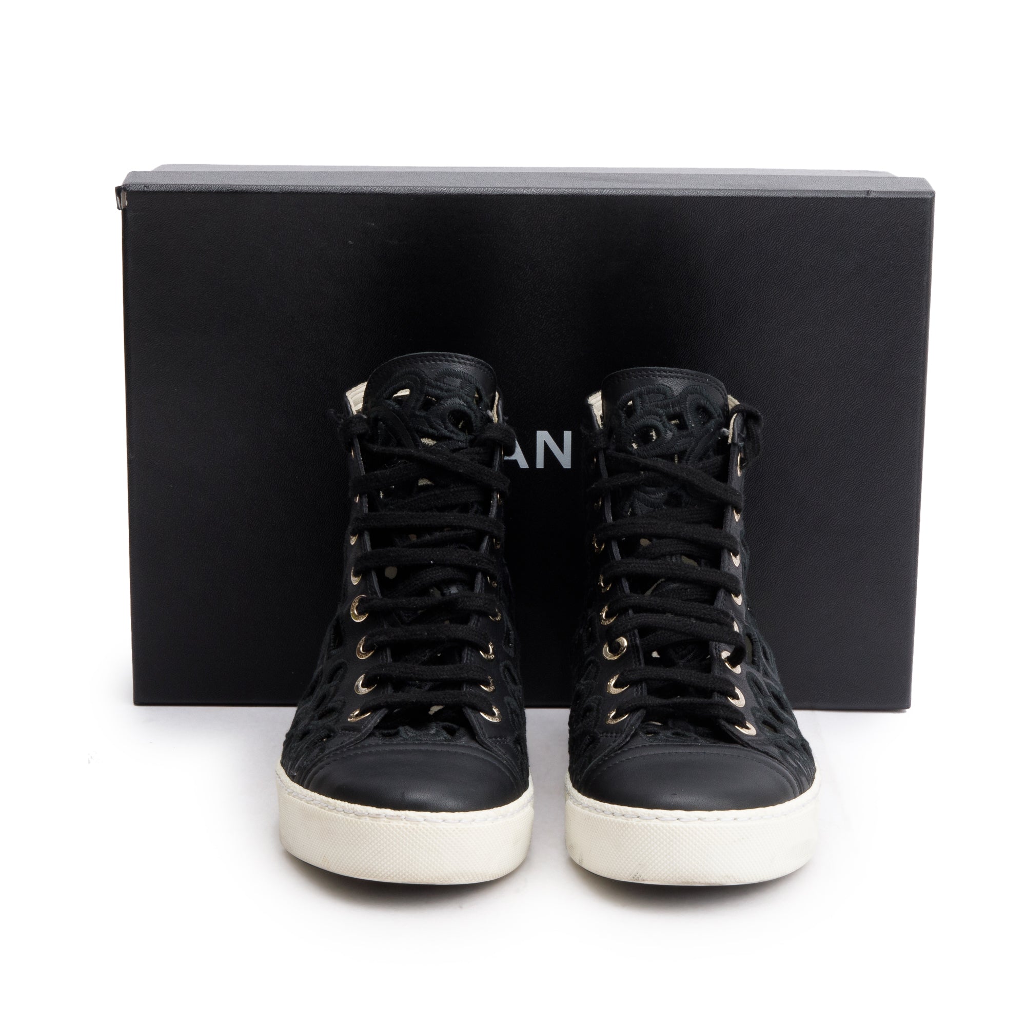 Chanel Black Calfskin Leather Cutout Interlocking CC Logo Sneakers, Size 36 w/ Box