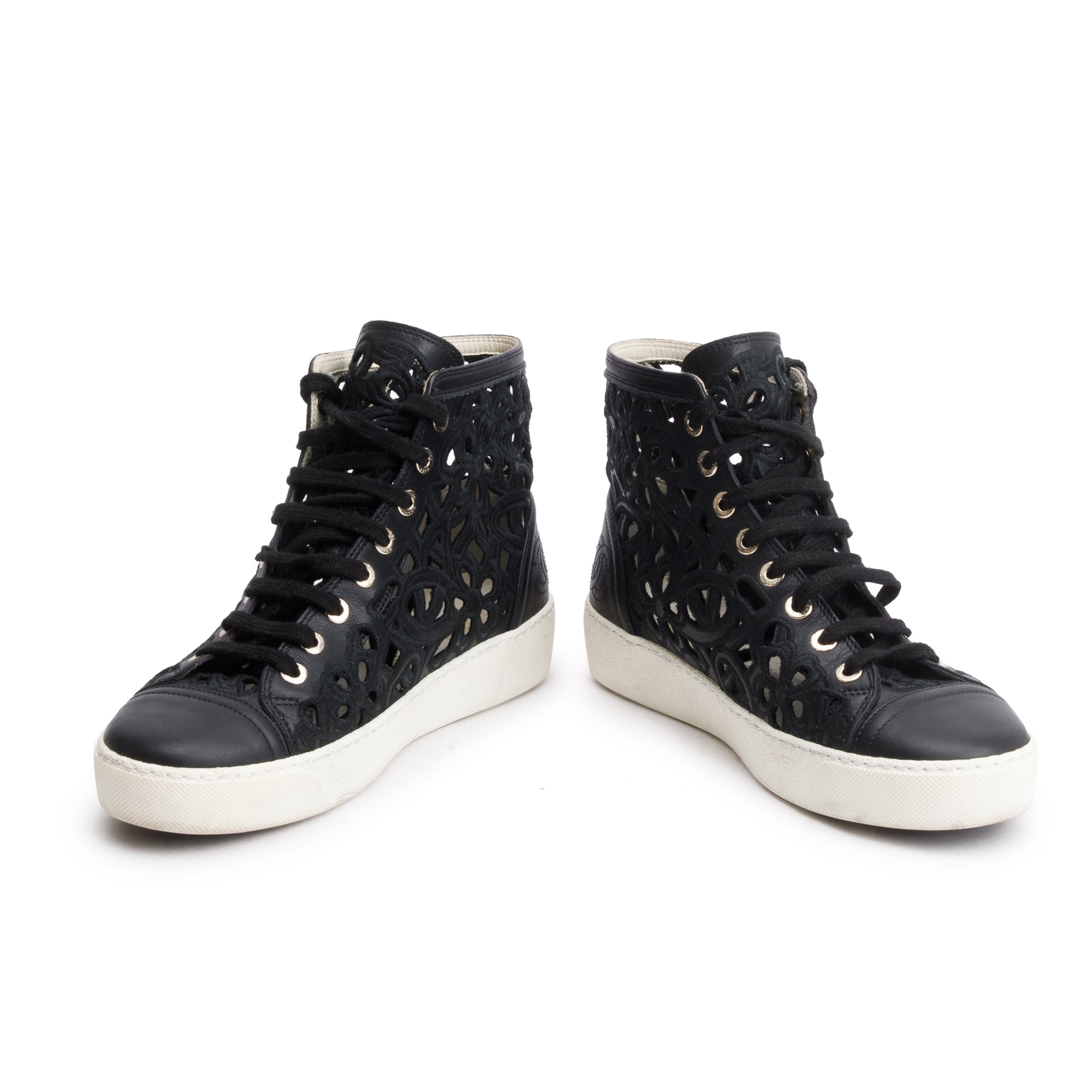 Chanel Black Calfskin Leather Cutout Interlocking CC Logo Sneakers, Size 36 w/ Box