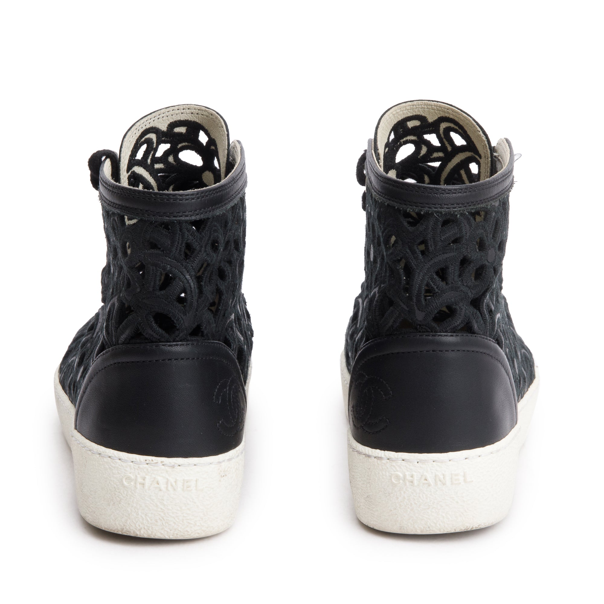 Chanel Black Calfskin Leather Cutout Interlocking CC Logo Sneakers, Size 36 w/ Box