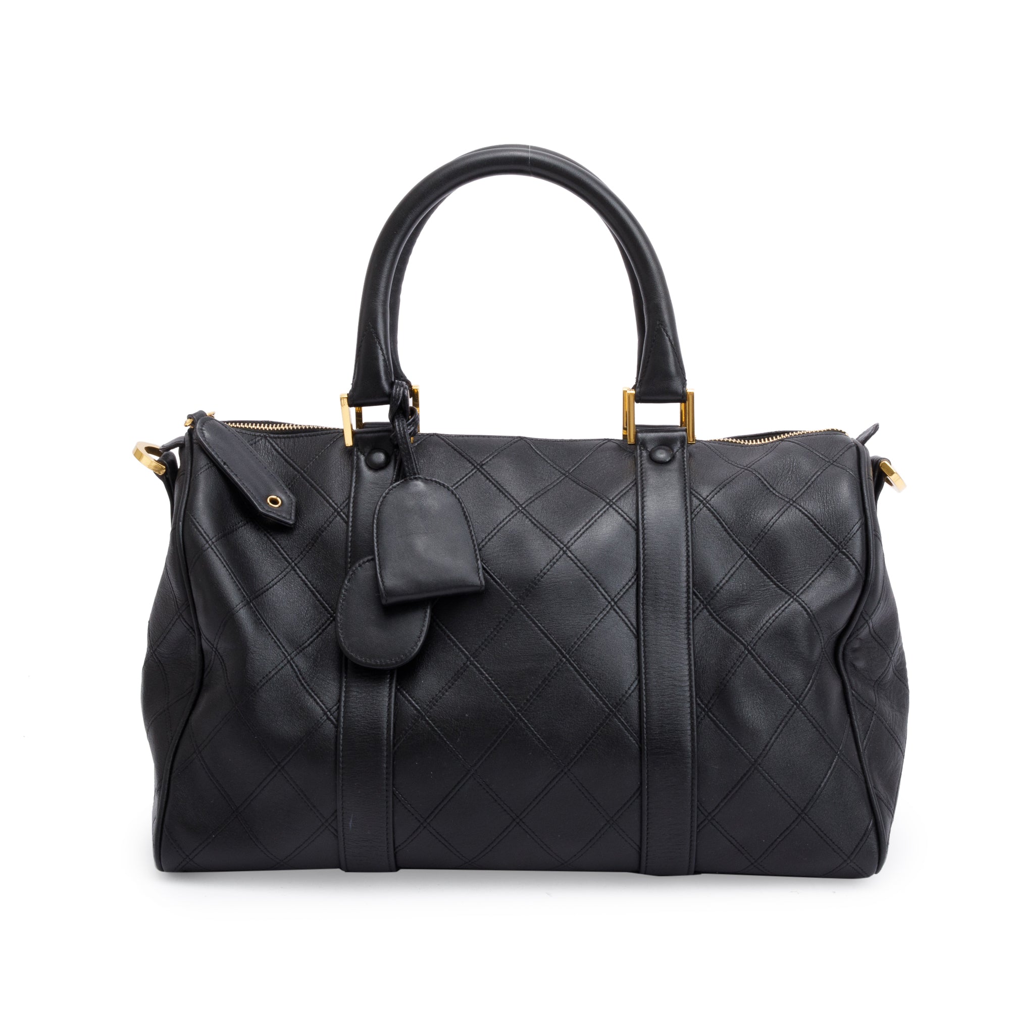 Chanel Black Calfskin Leather Diamond Stitch Boston Bag w/ Strap