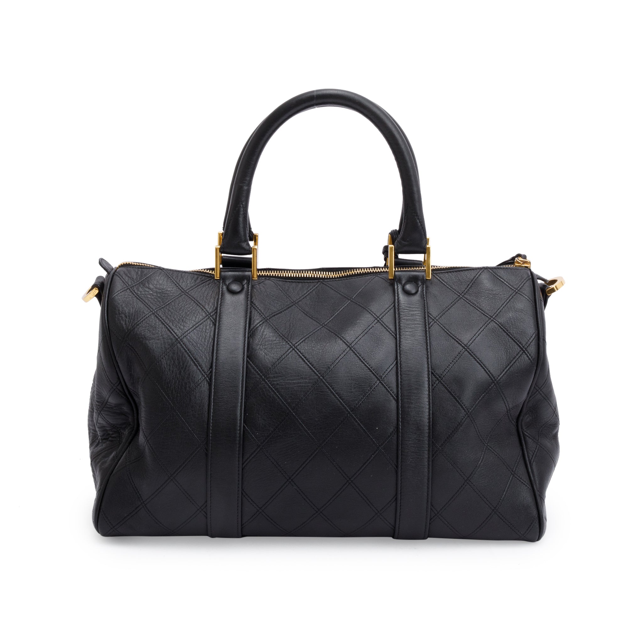 Chanel Black Calfskin Leather Diamond Stitch Boston Bag w/ Strap