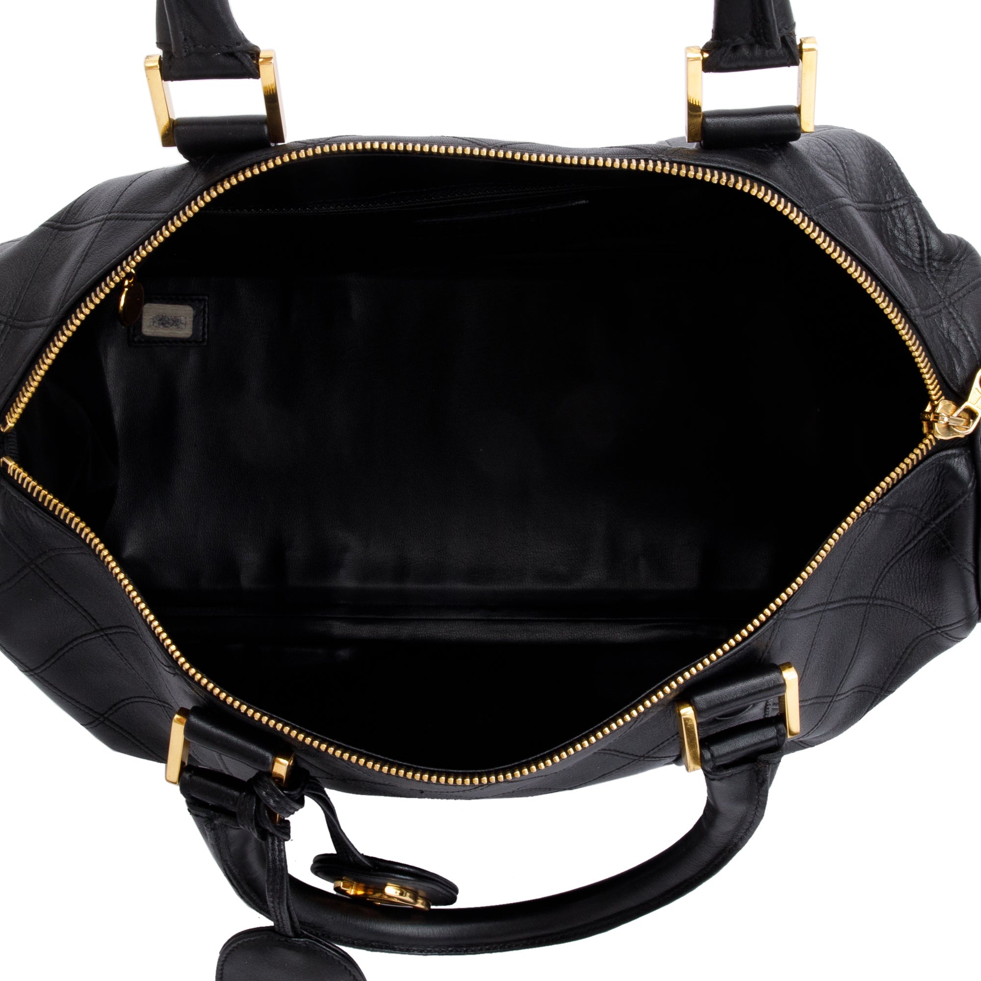 Chanel Black Calfskin Leather Diamond Stitch Boston Bag w/ Strap