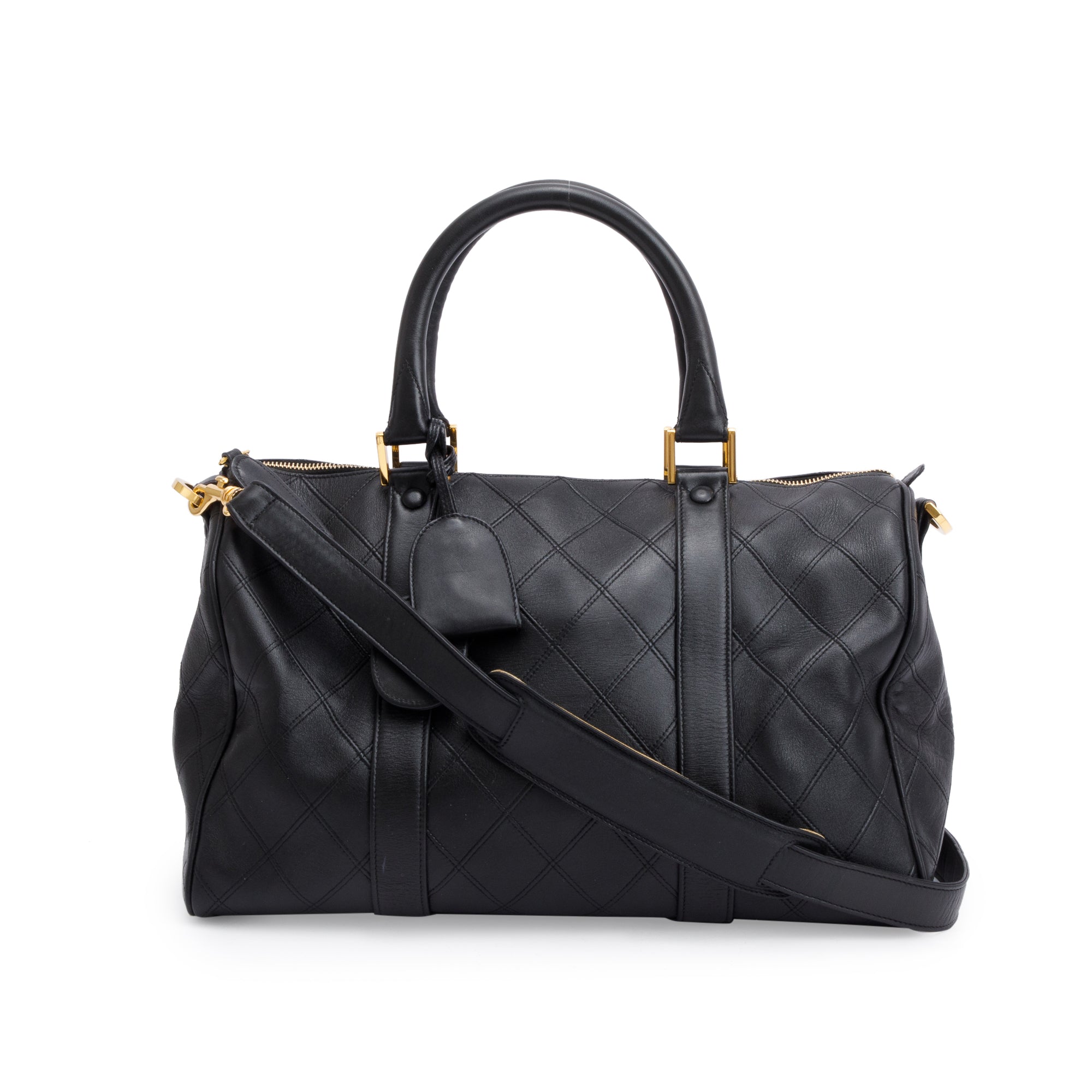 Chanel Black Calfskin Leather Diamond Stitch Boston Bag w/ Strap