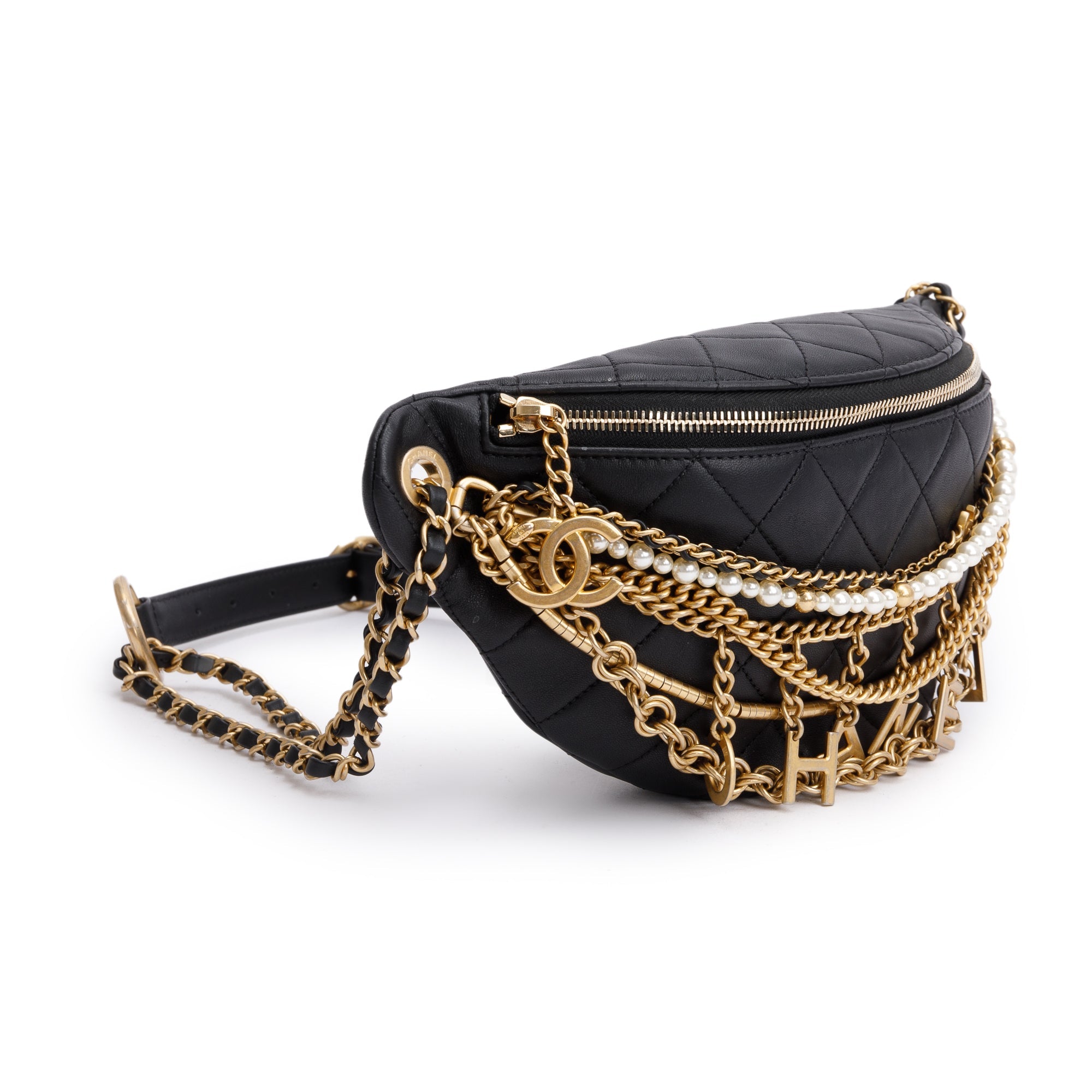 Chanel Black Calfskin Leather Faux Pearl All About Chains Waist Bag w/ Box & Authenticity Card