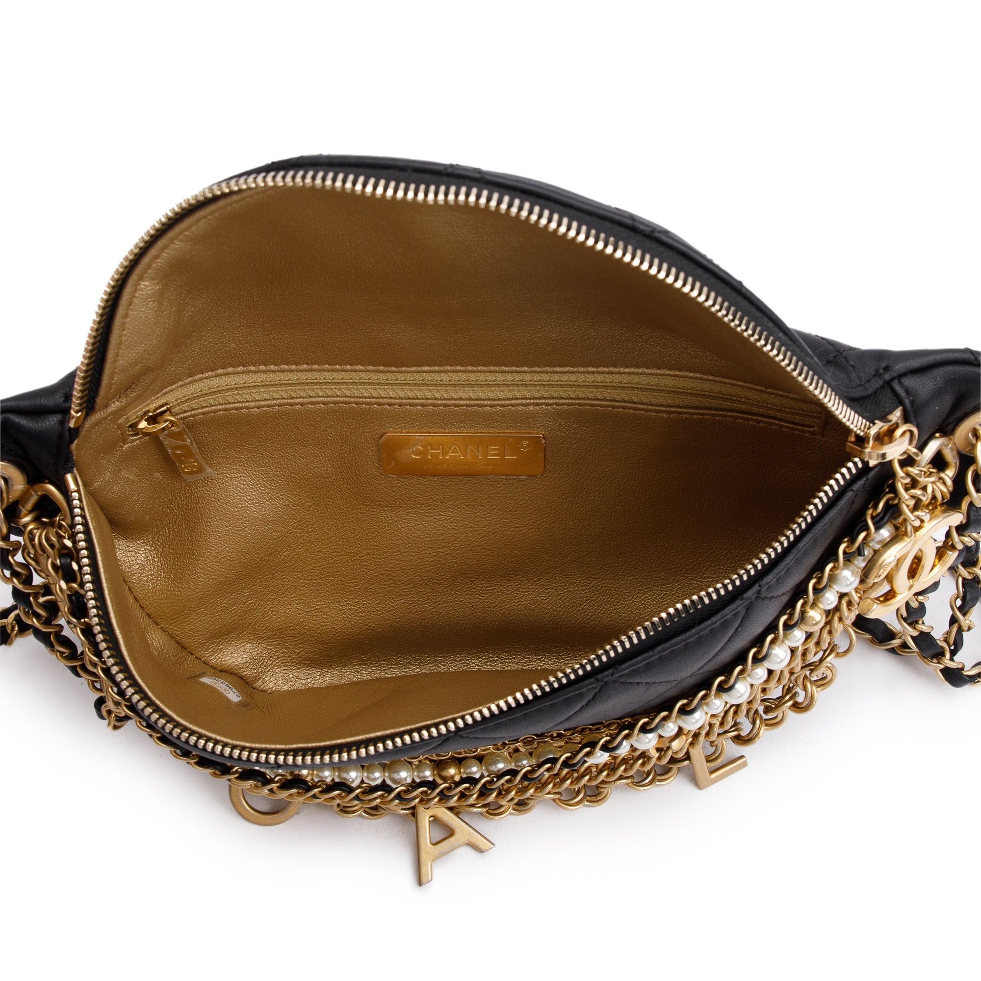 Chanel Black Calfskin Leather Faux Pearl All About Chains Waist Bag w/ Box & Authenticity Card