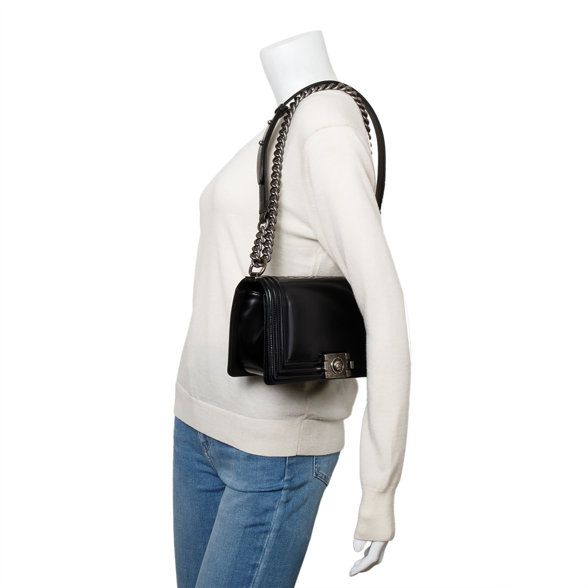 Chanel Black Calfskin Leather Medium Original Clasp Boy Bag w/ Box & Authenticity Card
