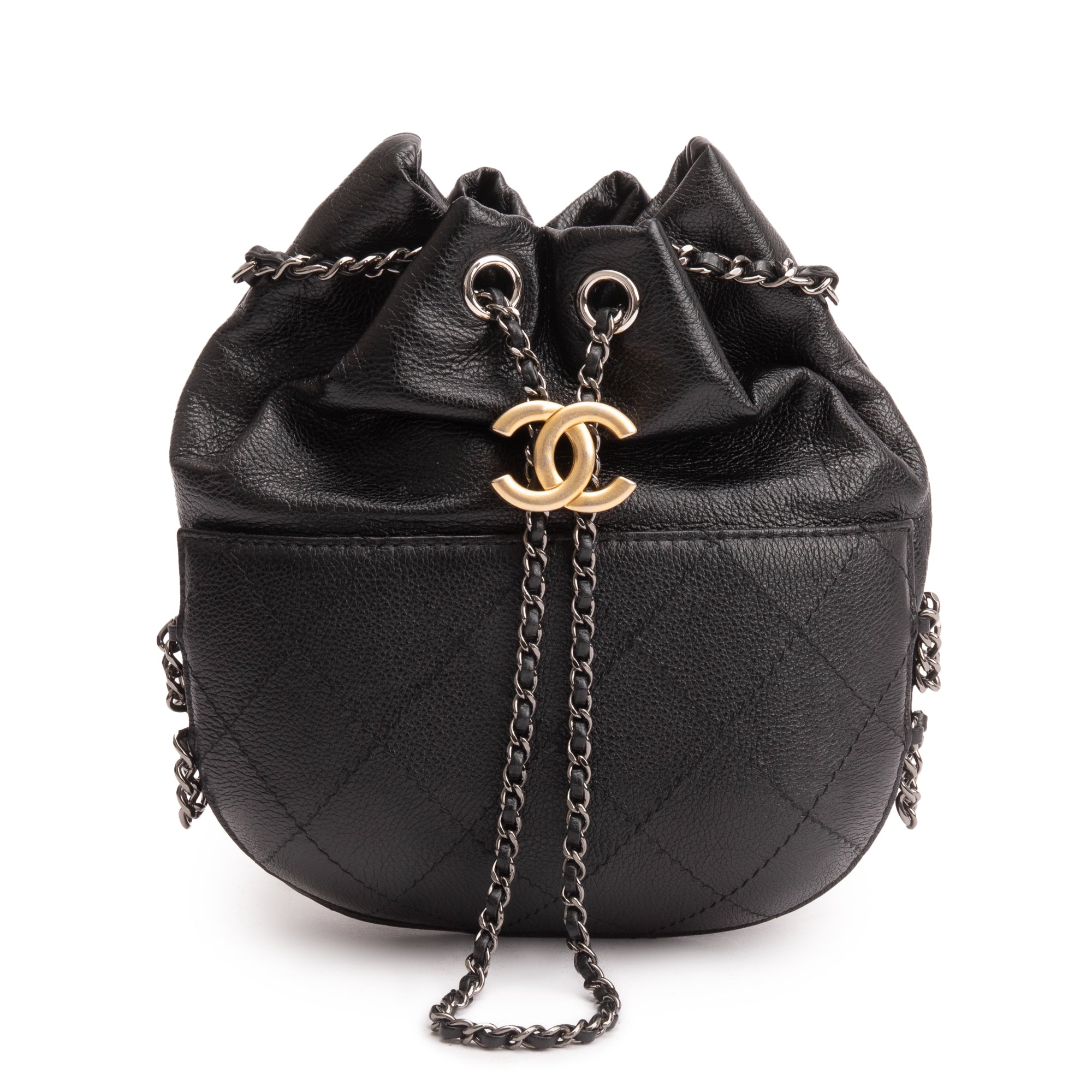 Chanel Black Calfskin Leather Small Gabrielle Bucket Purse w/ Box & Authenticity Card