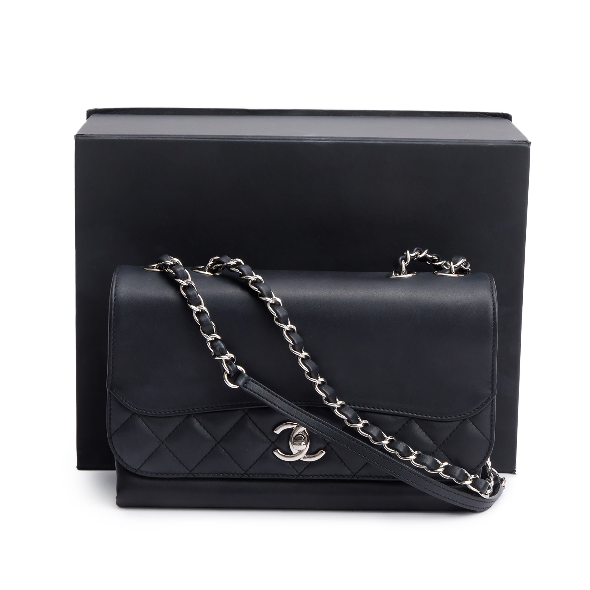 Chanel Black Calfskin Leather Small Tramezzo Flap Bag w/ Box, Receipt & Authenticity Card