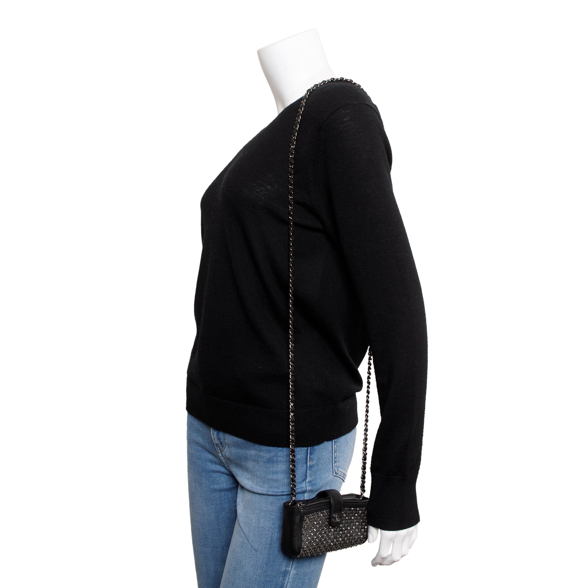 Chanel Black Calfskin Leather Strass Studded Phone Holder Clutch w/ Strap