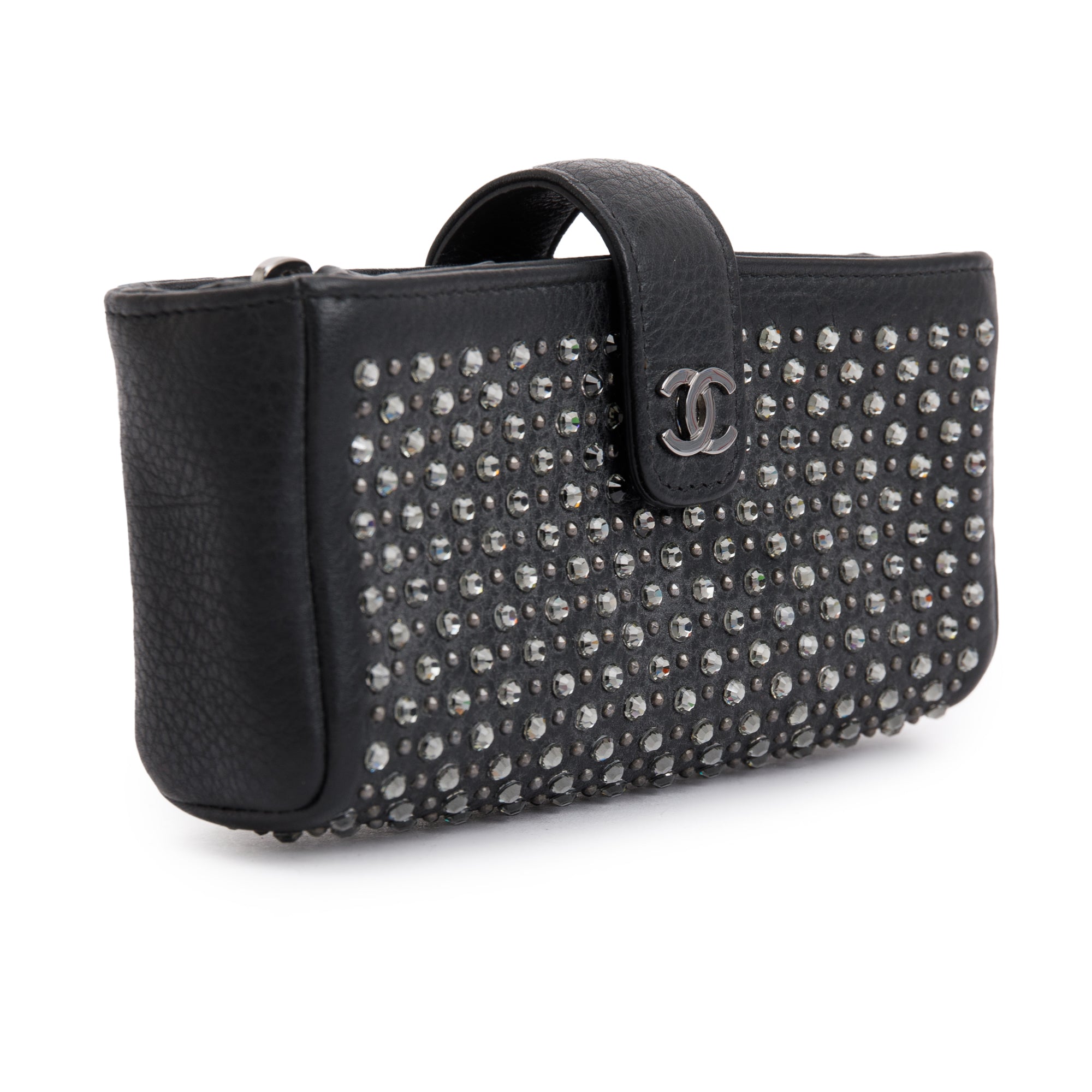 Chanel Black Calfskin Leather Strass Studded Phone Holder Clutch w/ Strap