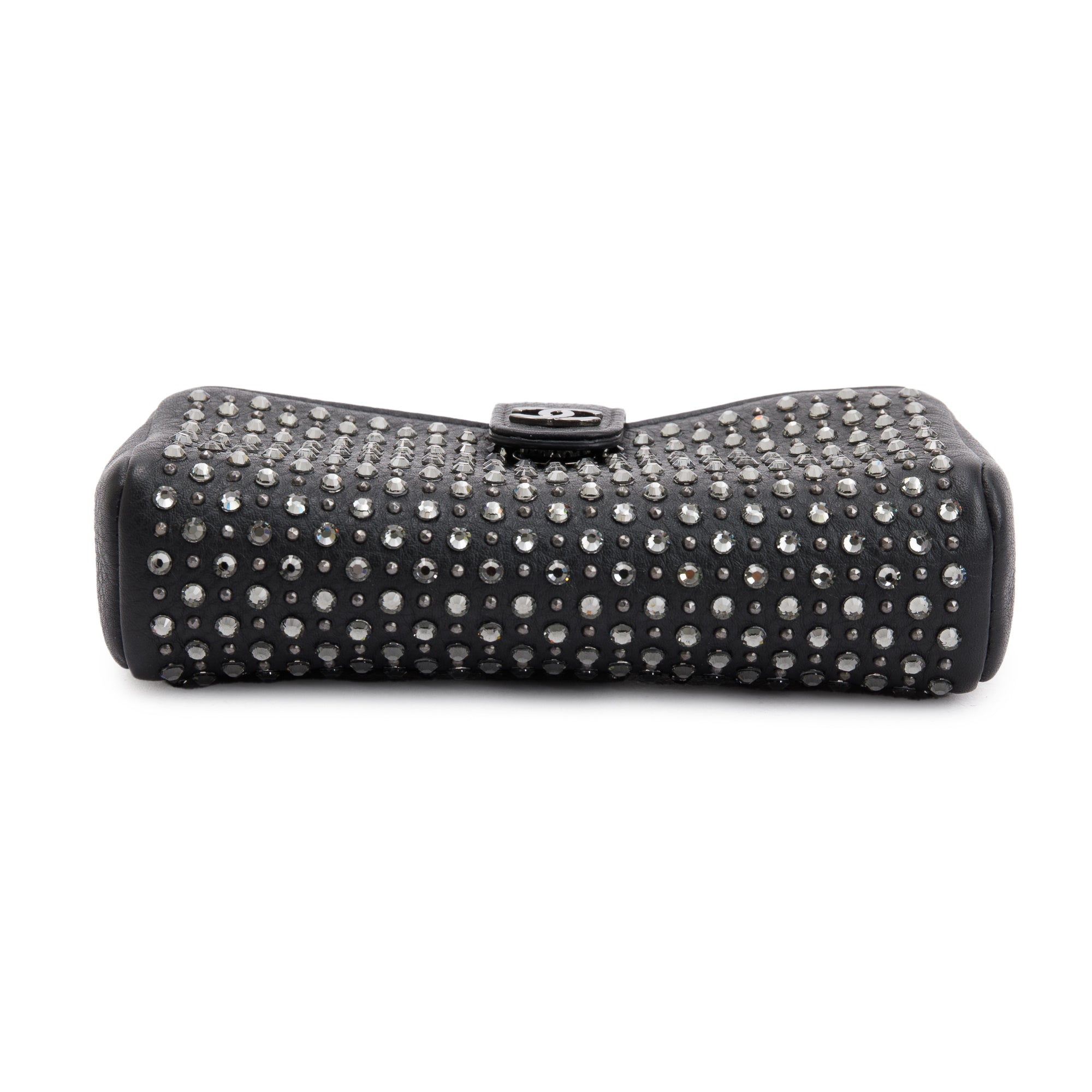 Chanel Black Calfskin Leather Strass Studded Phone Holder Clutch w/ Strap
