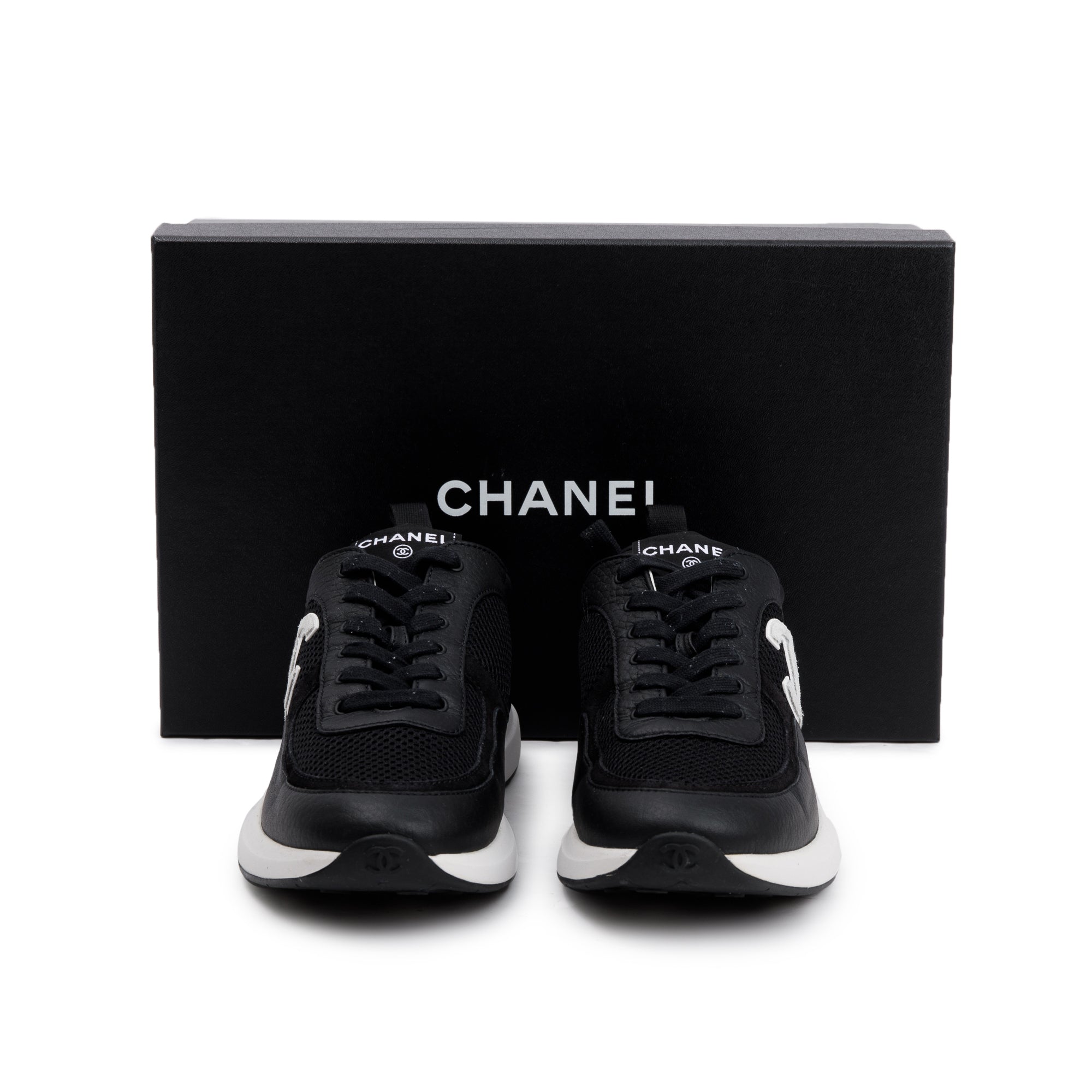 Chanel Black Calfskin Mesh Suede CC Logo Sneakers, Size 41 w/ Box