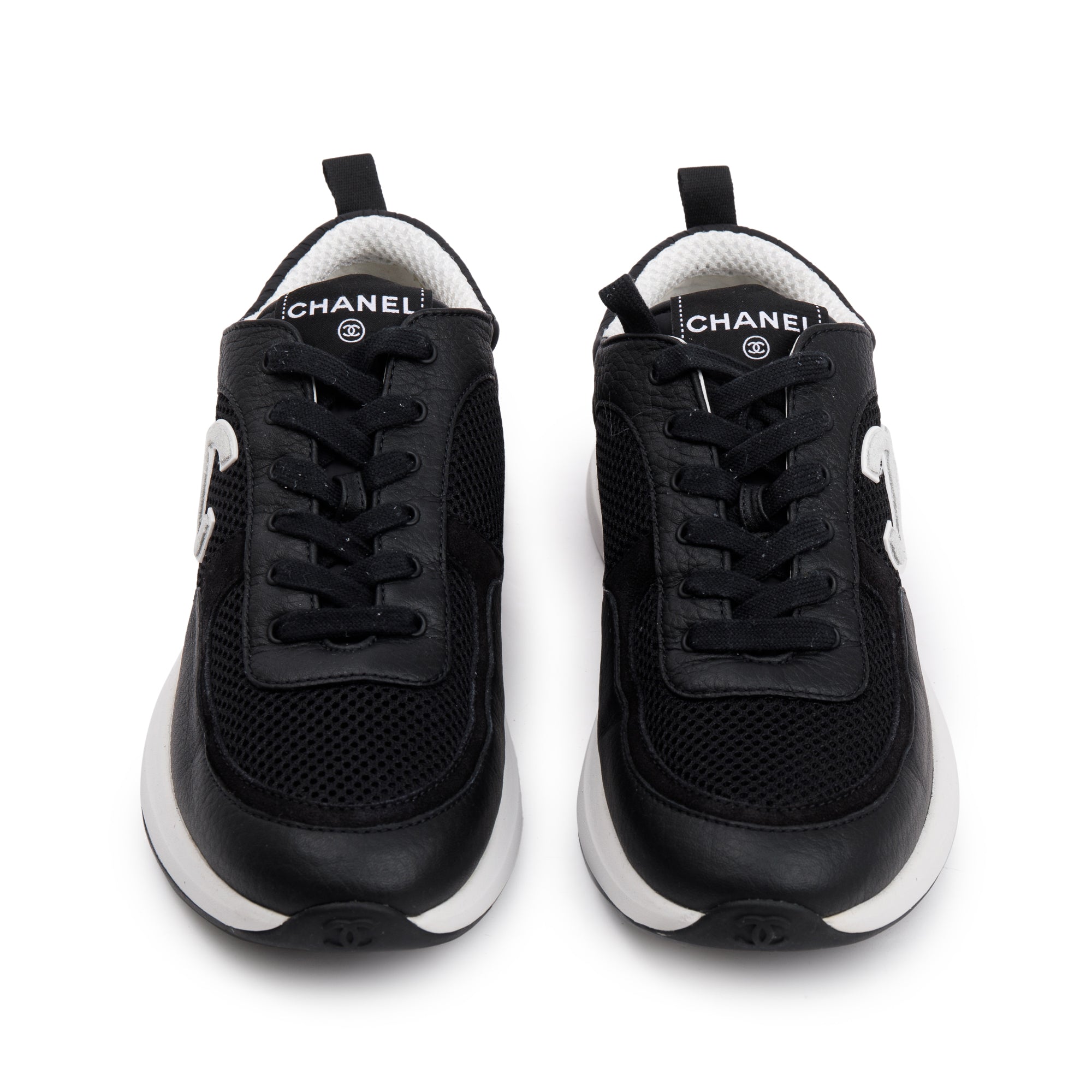 Chanel Black Calfskin Mesh Suede CC Logo Sneakers, Size 41 w/ Box