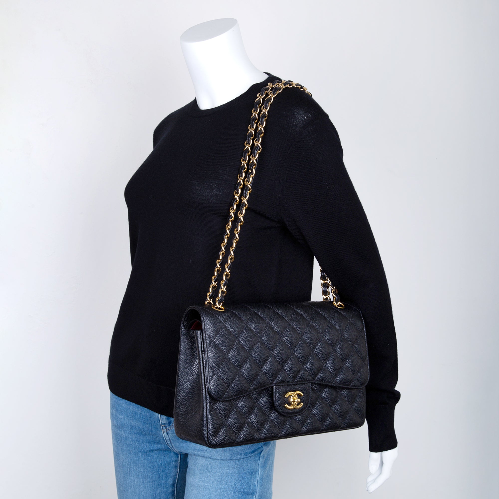 Chanel Black Caviar Classic Jumbo Double Flap Bag w/ Box