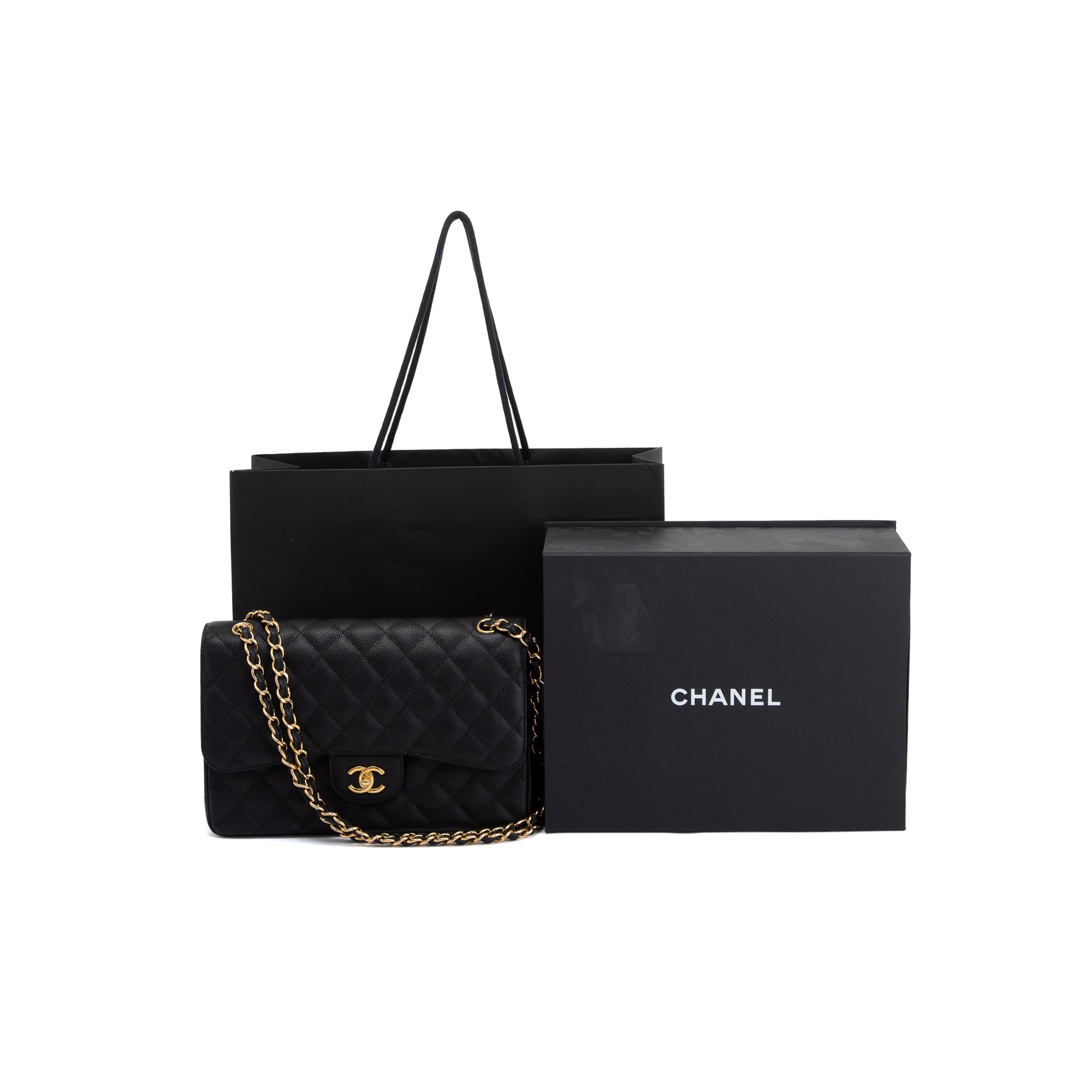 Chanel Black Caviar Classic Jumbo Double Flap Bag w/ Box