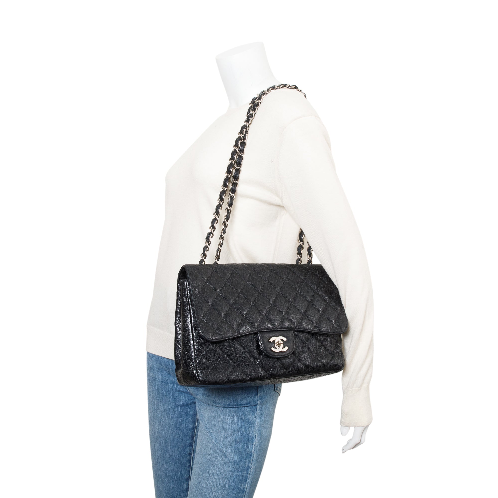 Chanel Black Caviar Classic Jumbo Single Flap Bag w/ Authenticity Card