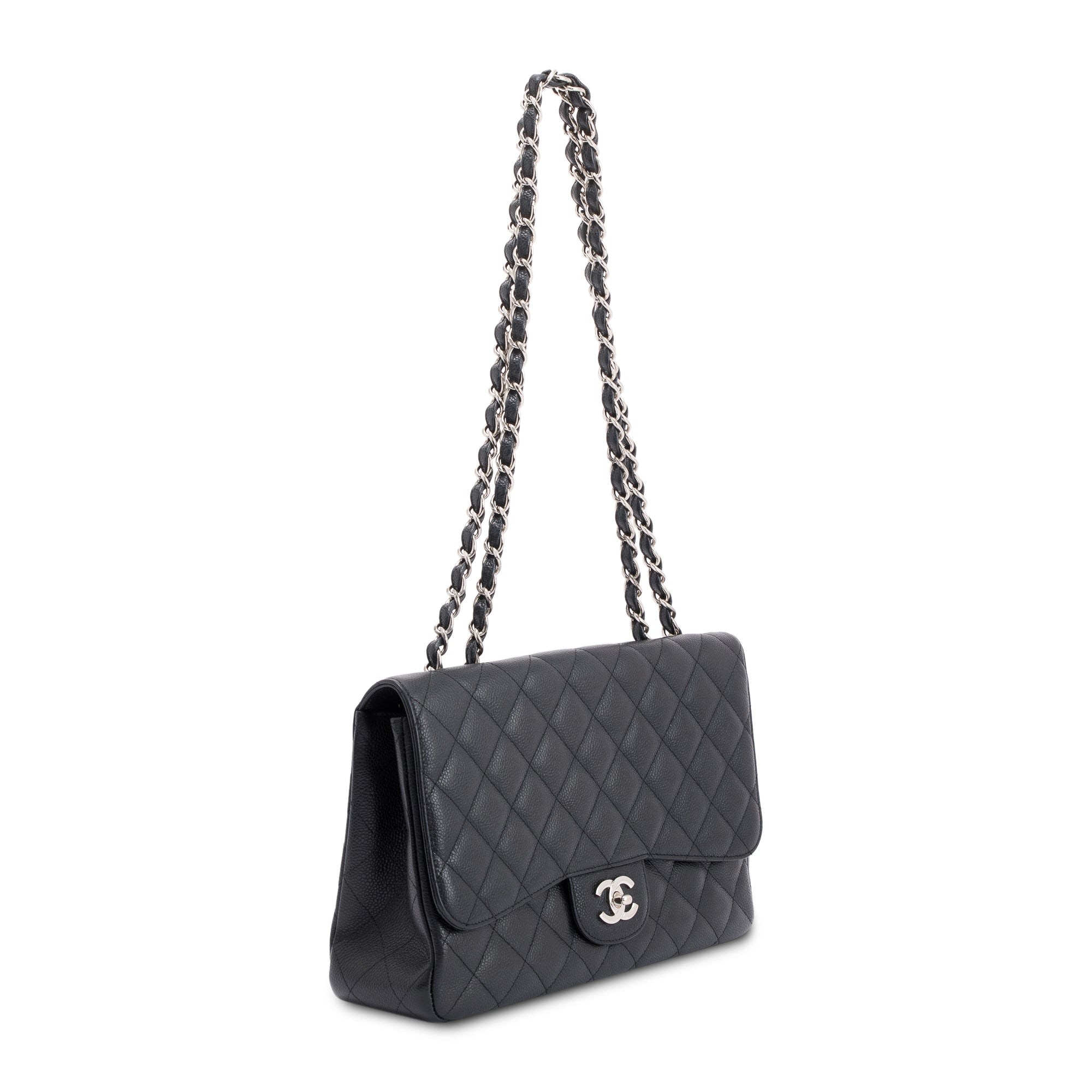 Chanel Black Caviar Classic Jumbo Single Flap Bag w/ Authenticity Card