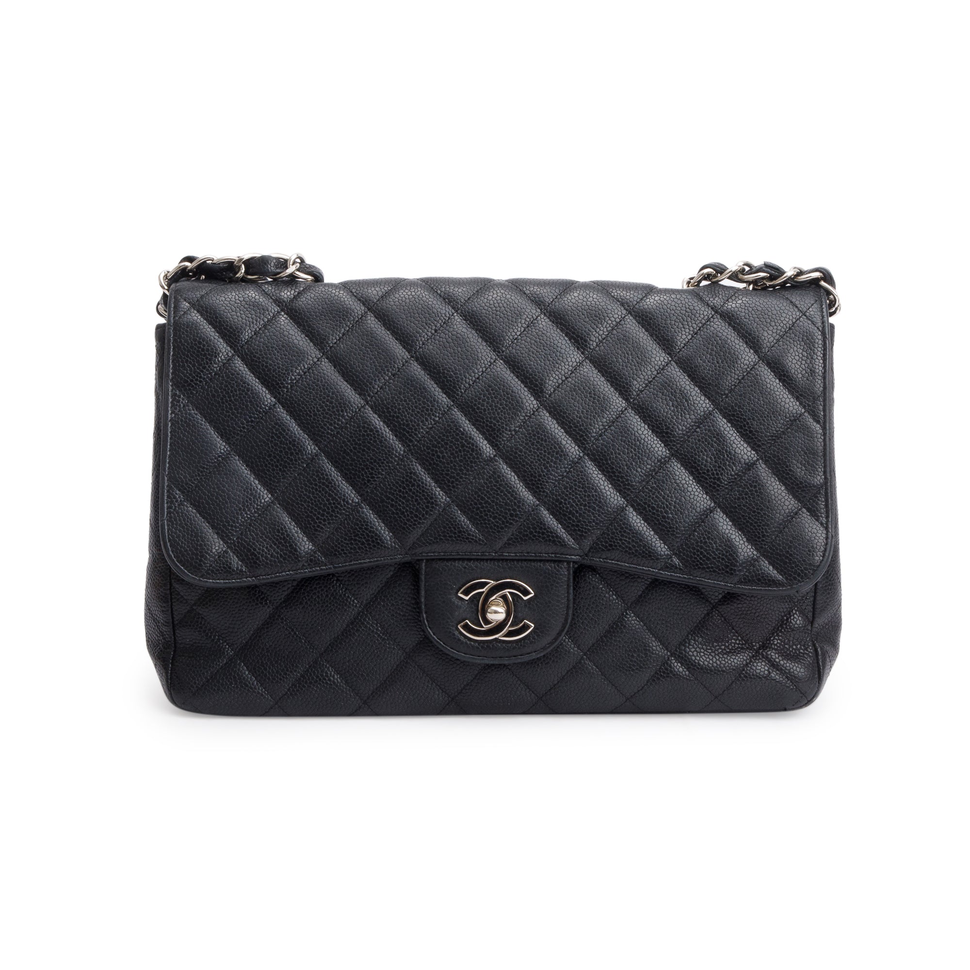 Chanel Black Caviar Classic Jumbo Single Flap Bag w/ Authenticity Card