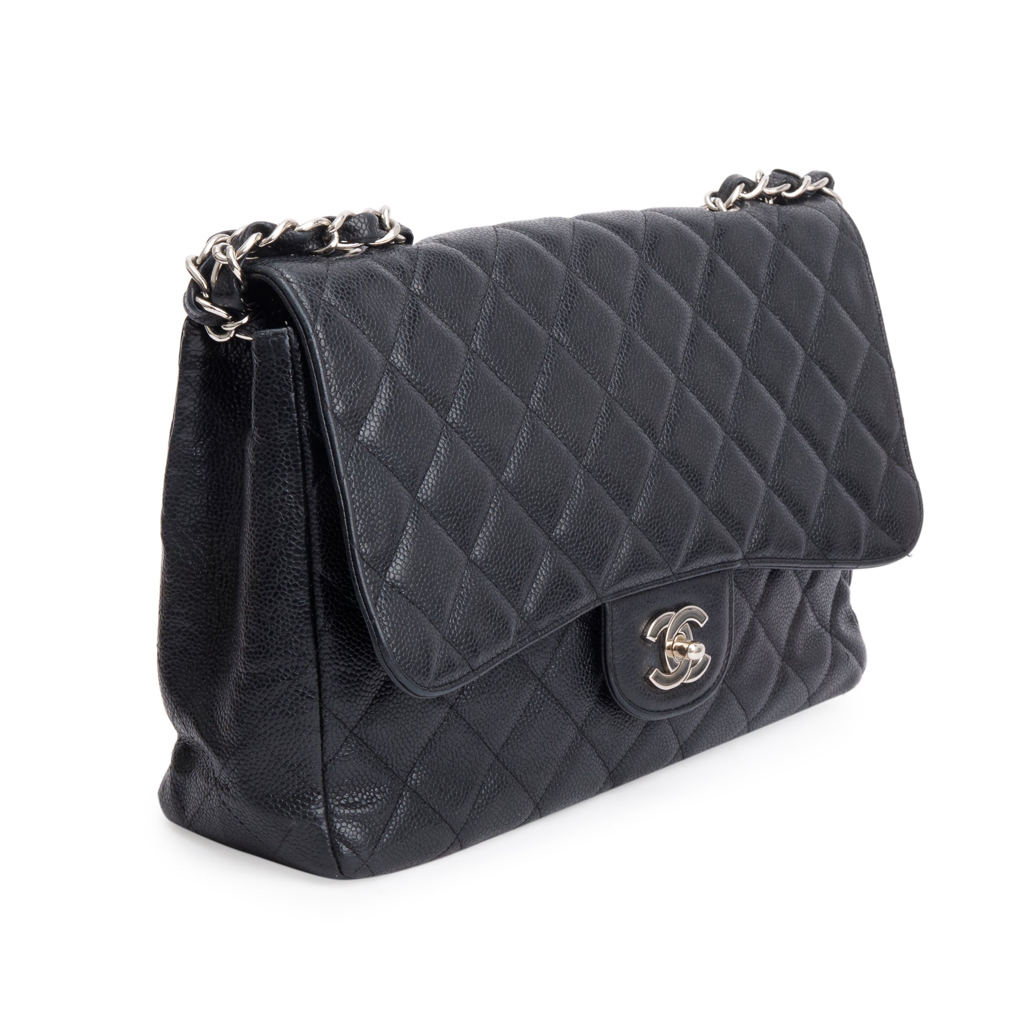 Chanel Black Caviar Classic Jumbo Single Flap Bag w/ Authenticity Card