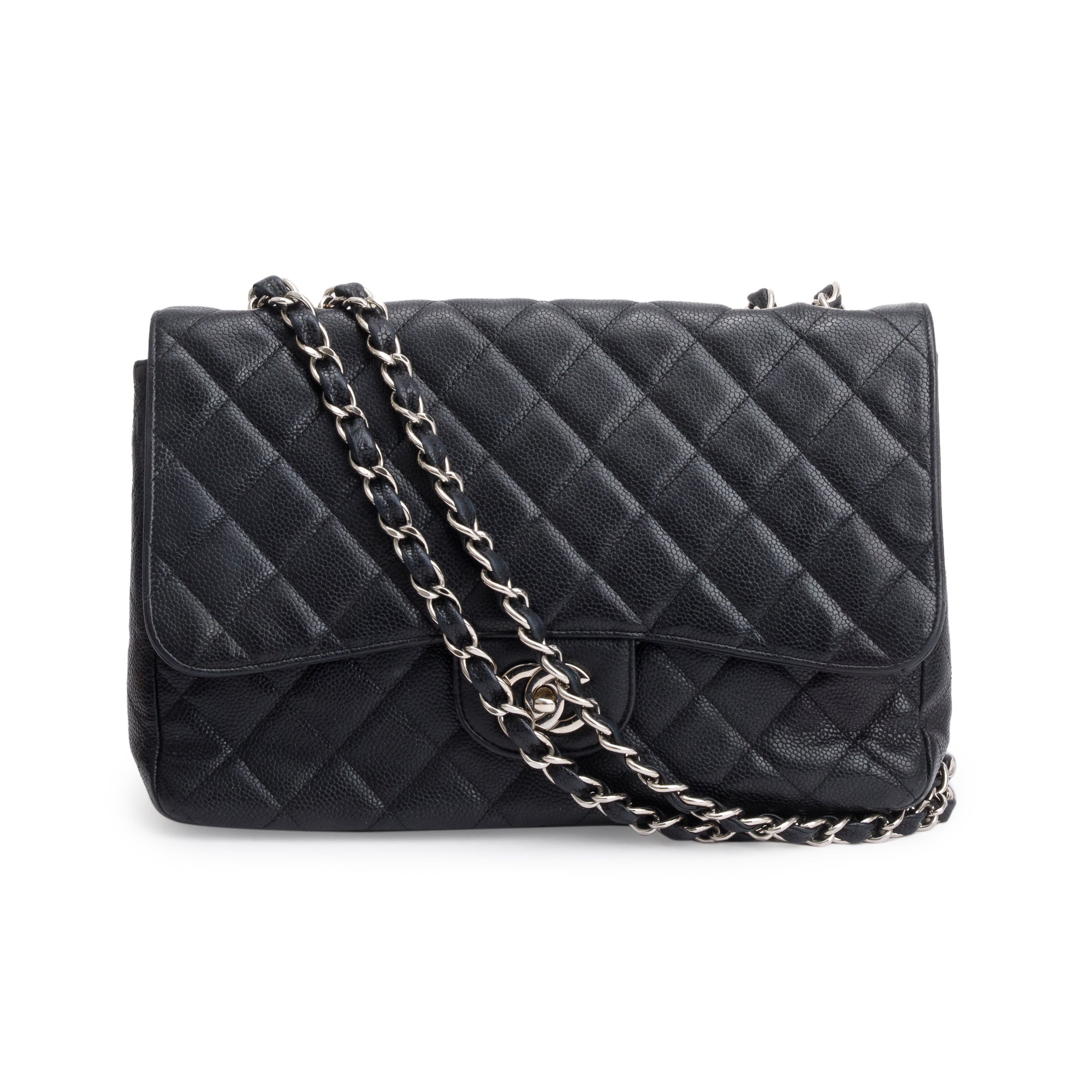 Chanel Black Caviar Classic Jumbo Single Flap Bag w/ Authenticity Card