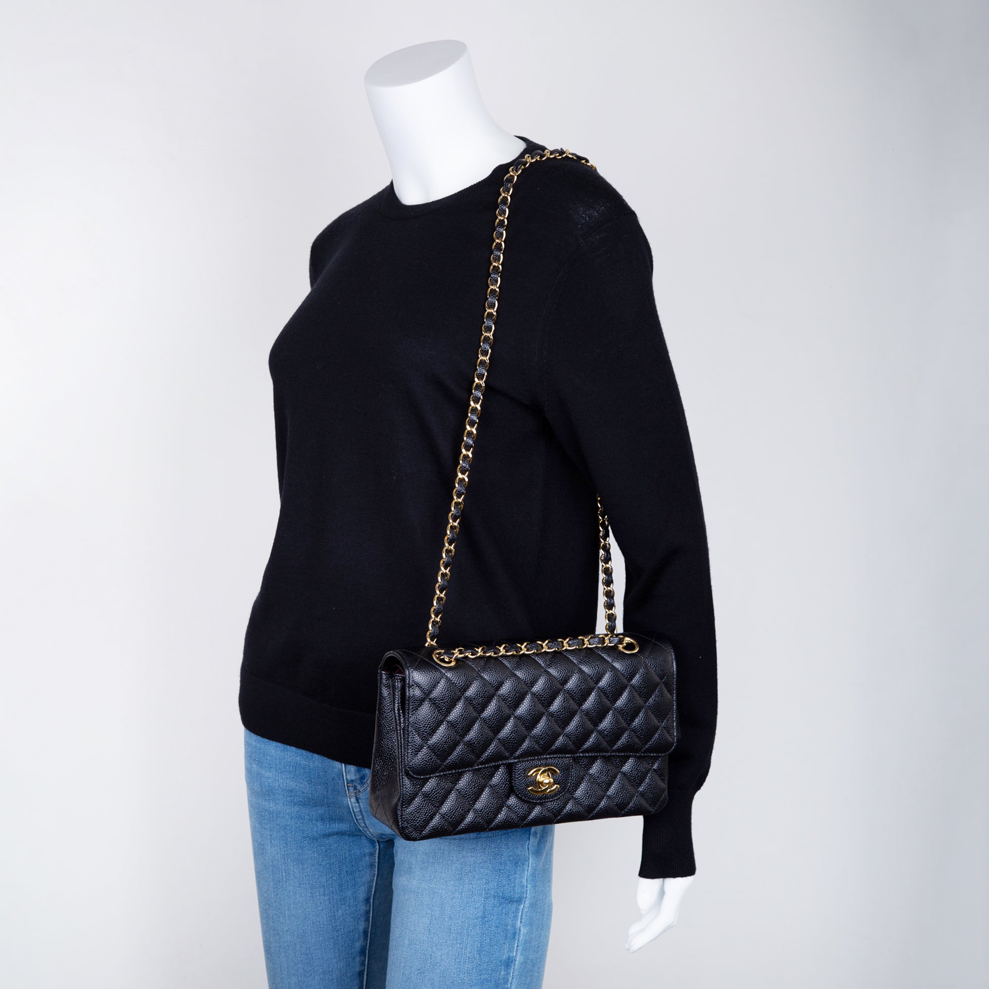 Chanel Black Caviar Classic Medium Double Flap Bag w/ Box