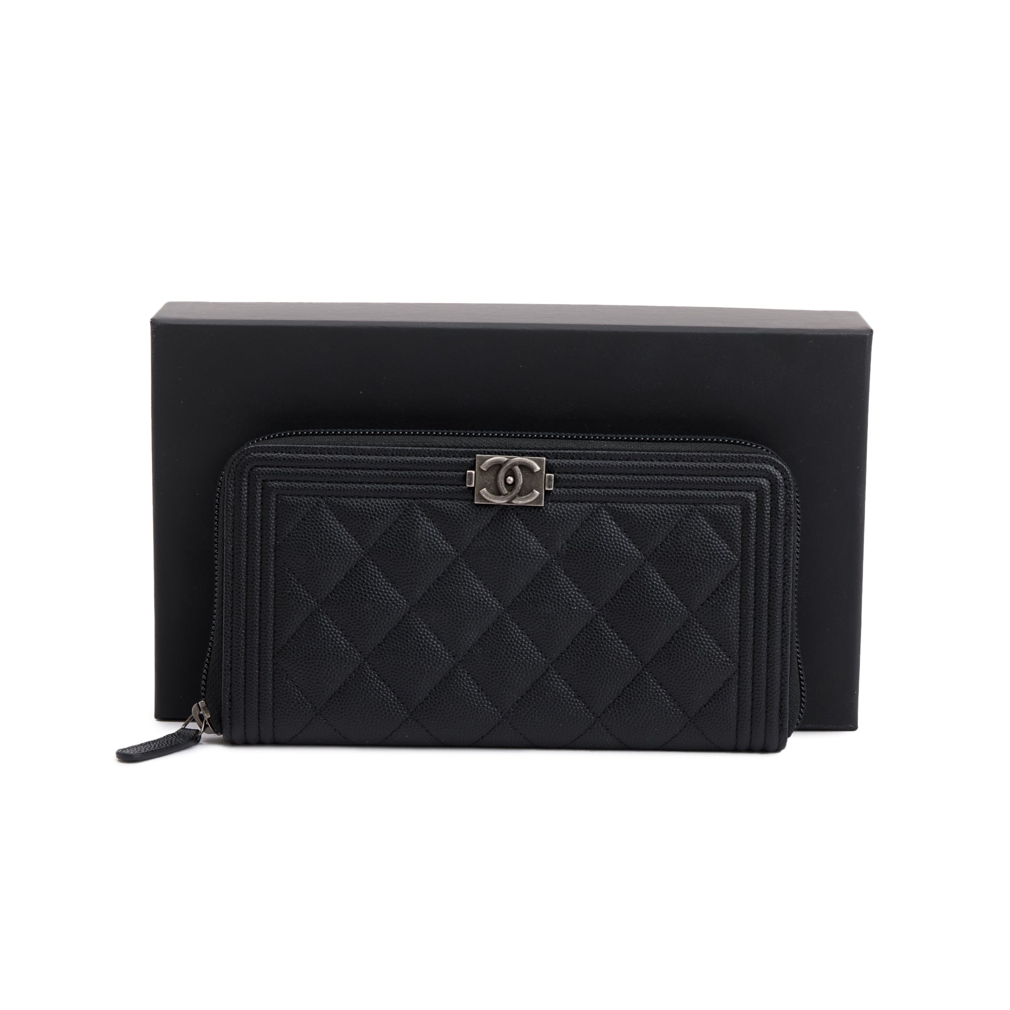 Chanel Black Caviar Leather Boy Long Zip Around Wallet w/ Box & Authenticity Card