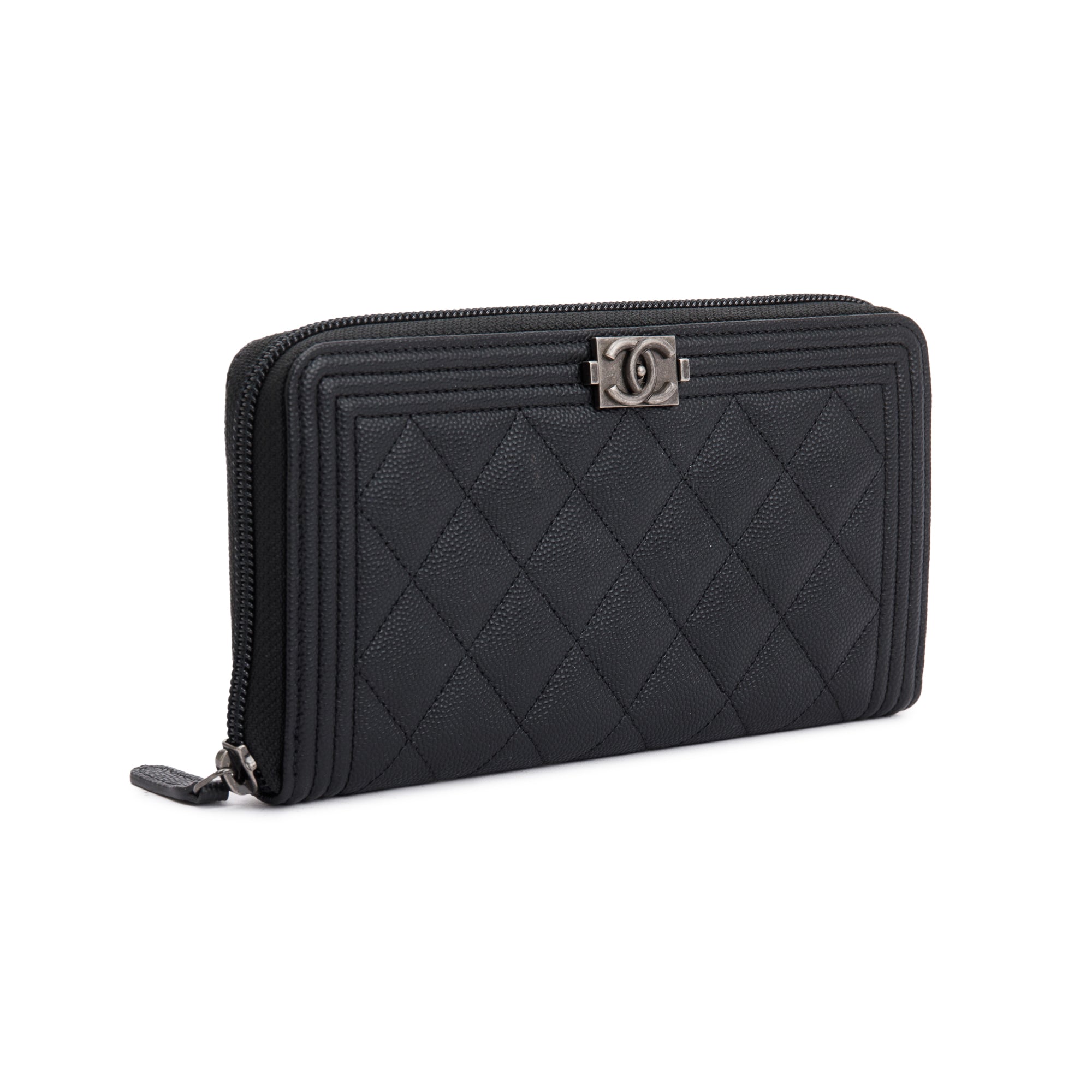 Chanel Black Caviar Leather Boy Long Zip Around Wallet w/ Box & Authenticity Card