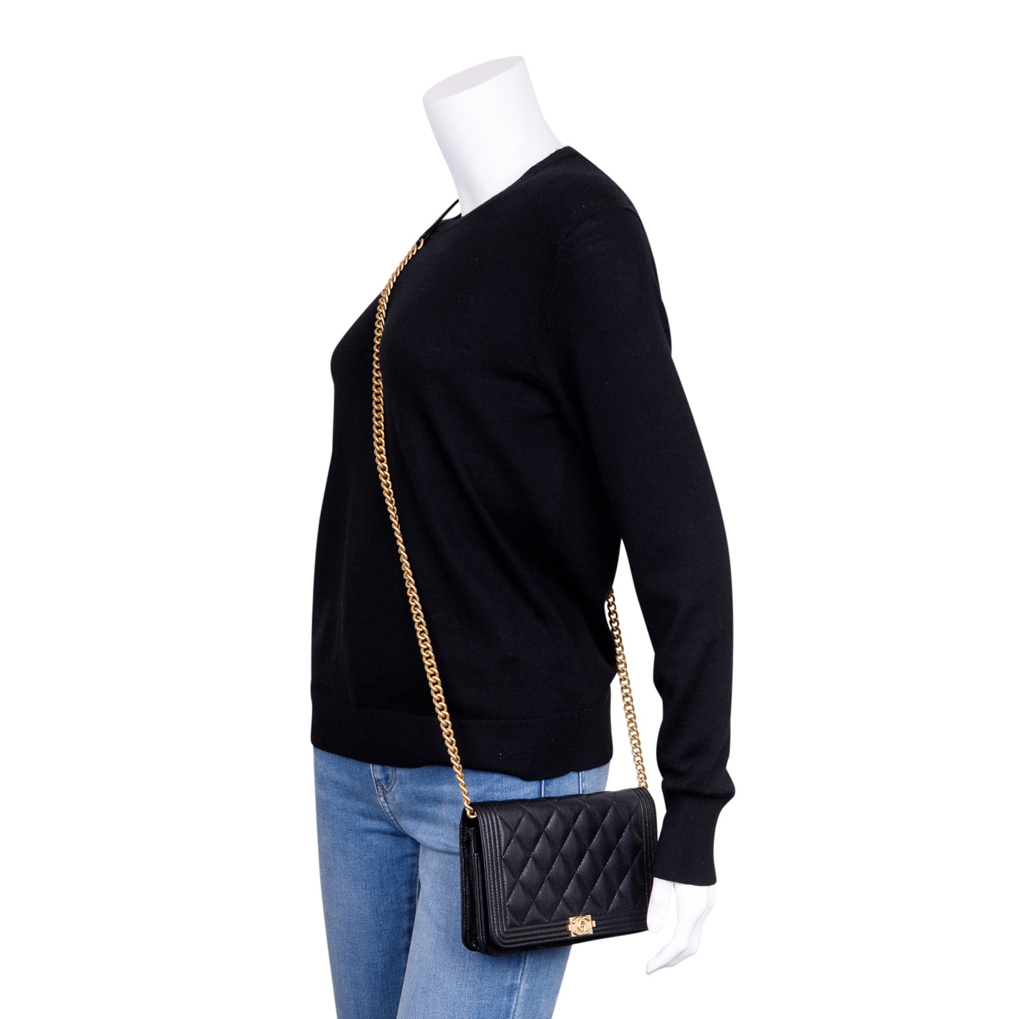 Chanel Black Caviar Leather Boy Wallet on Chain w/ Box & Authenticity Card