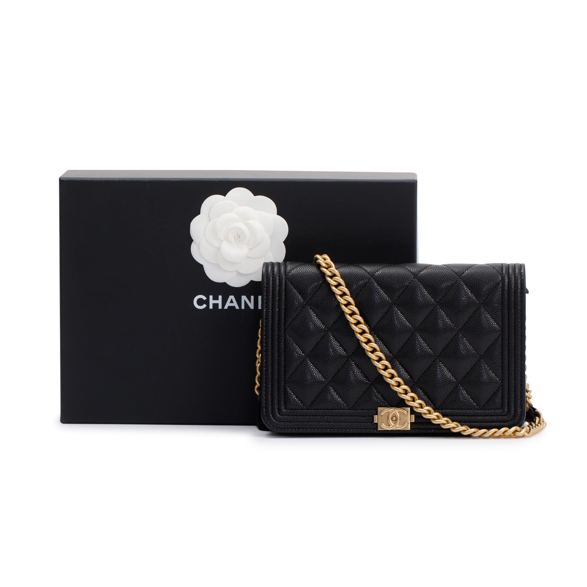 Chanel Black Caviar Leather Boy Wallet on Chain w/ Box & Authenticity Card