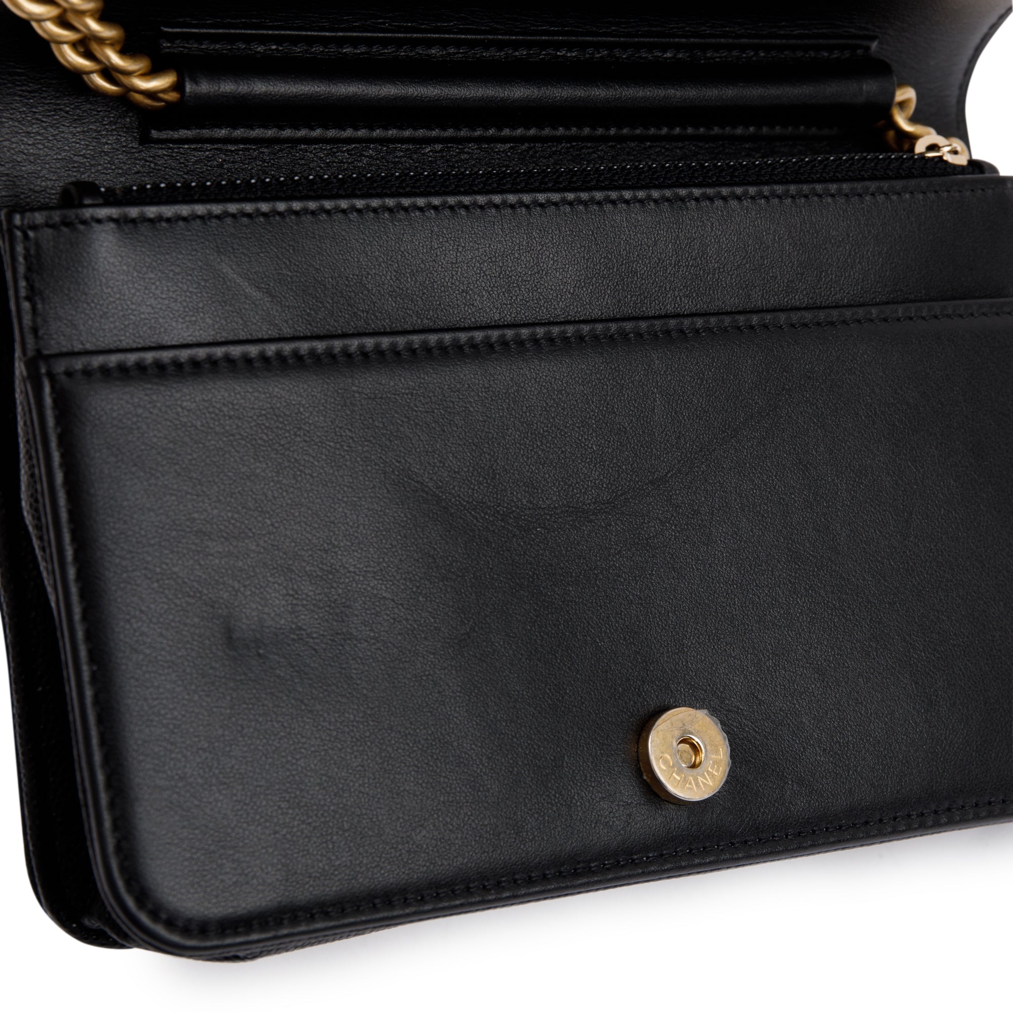 Chanel Black Caviar Leather Boy Wallet on Chain w/ Box & Authenticity Card