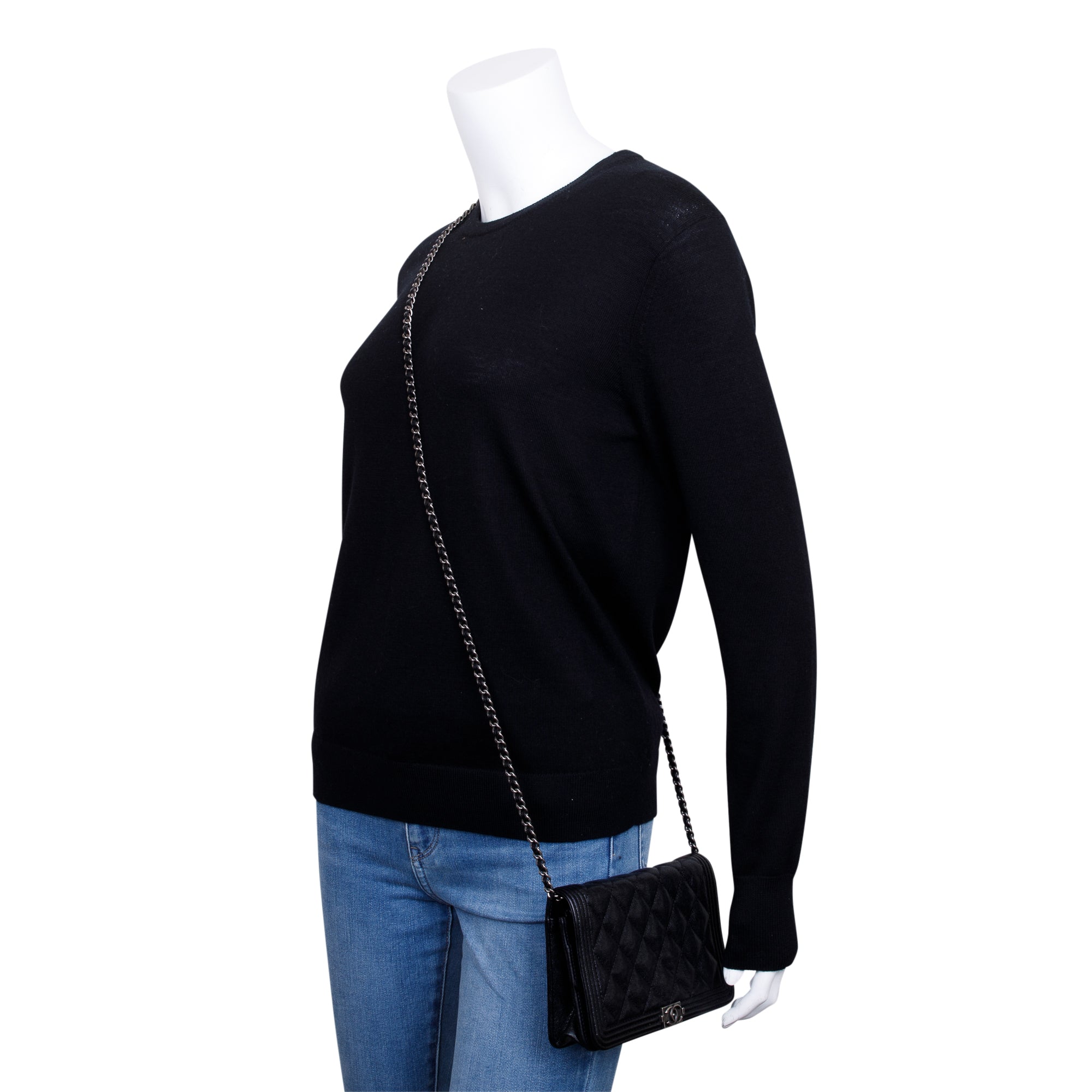 Chanel Black Caviar Leather Boy Wallet on Chain w/ Box, Receipt & Authenticity Card