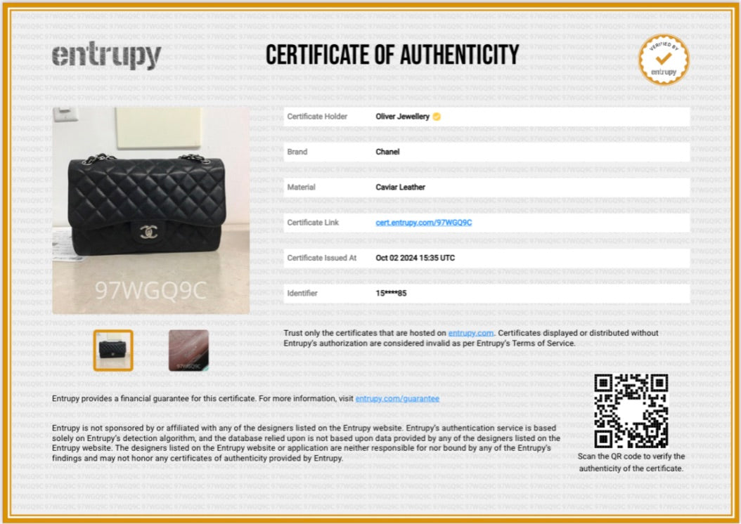 Chanel Black Caviar Leather Classic Jumbo Double Flap Bag w/ Authenticity Card