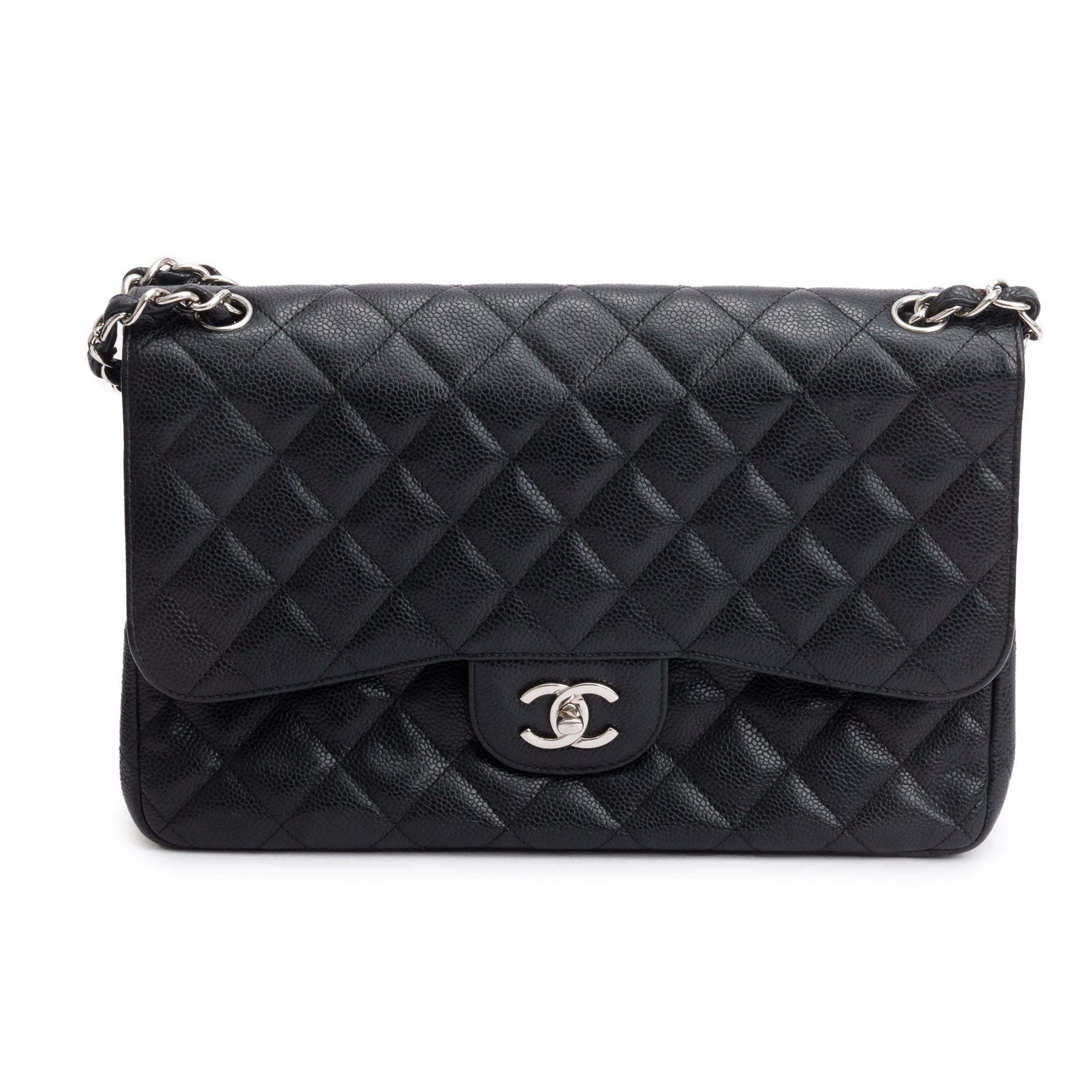Chanel Black Caviar Leather Classic Jumbo Double Flap Bag w/ Authenticity Card